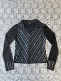 Vintage Romantic Faux Leather & Striped Mesh Long Sleeve Blouse