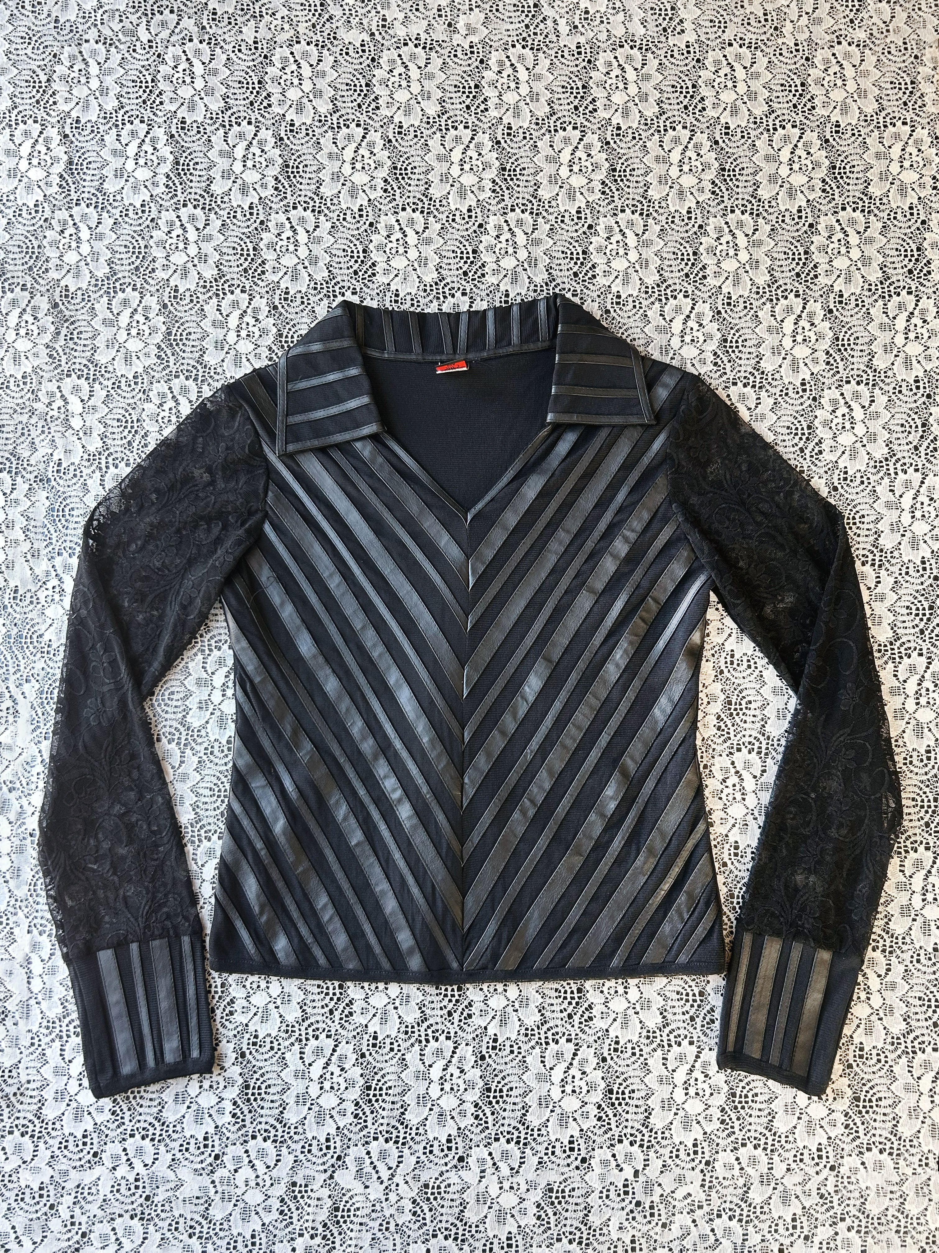 Vintage Romantic Faux Leather & Striped Mesh Long Sleeve Blouse