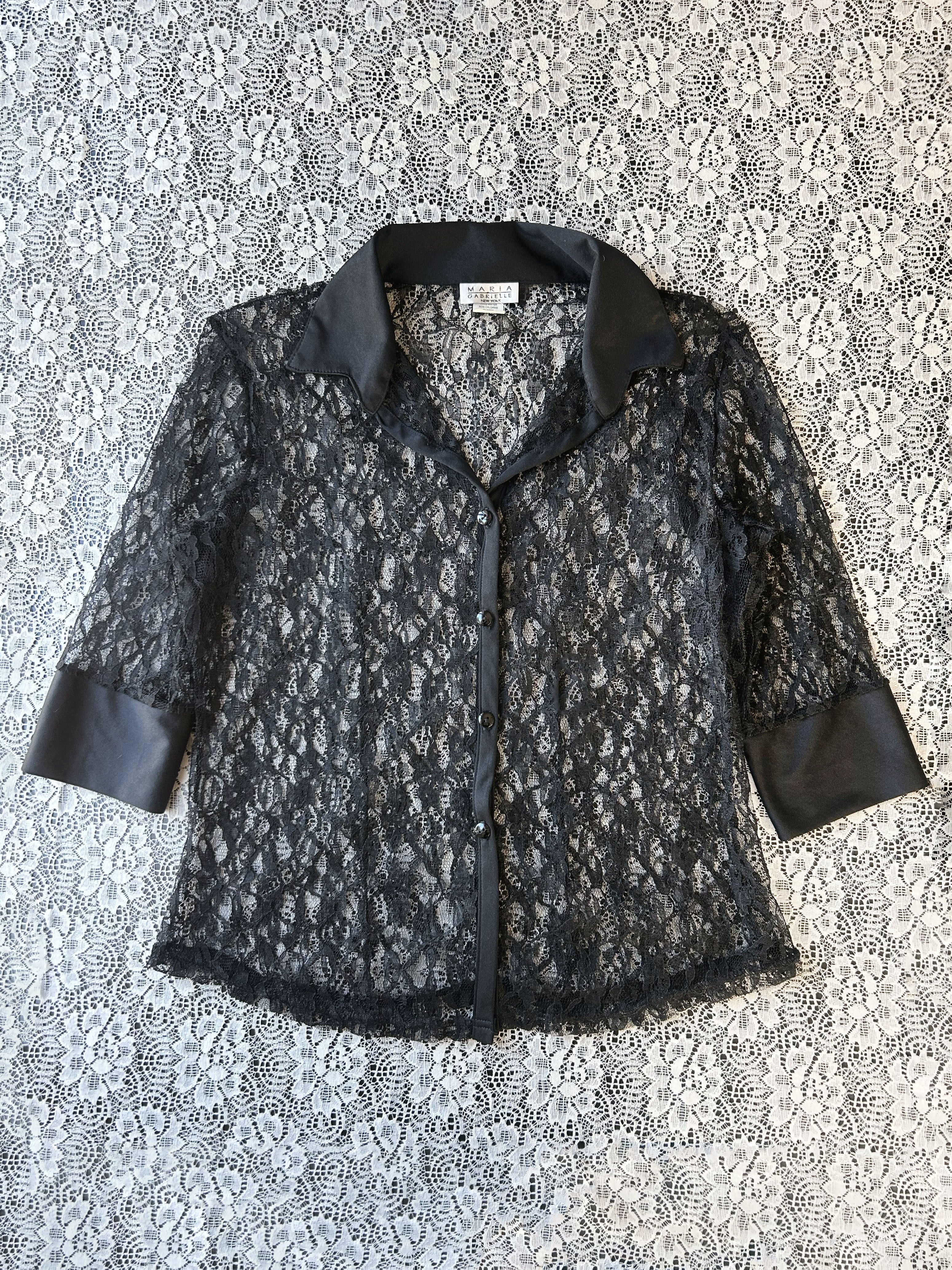 Vintage Lace 3/4 Sleeve Black Blouse