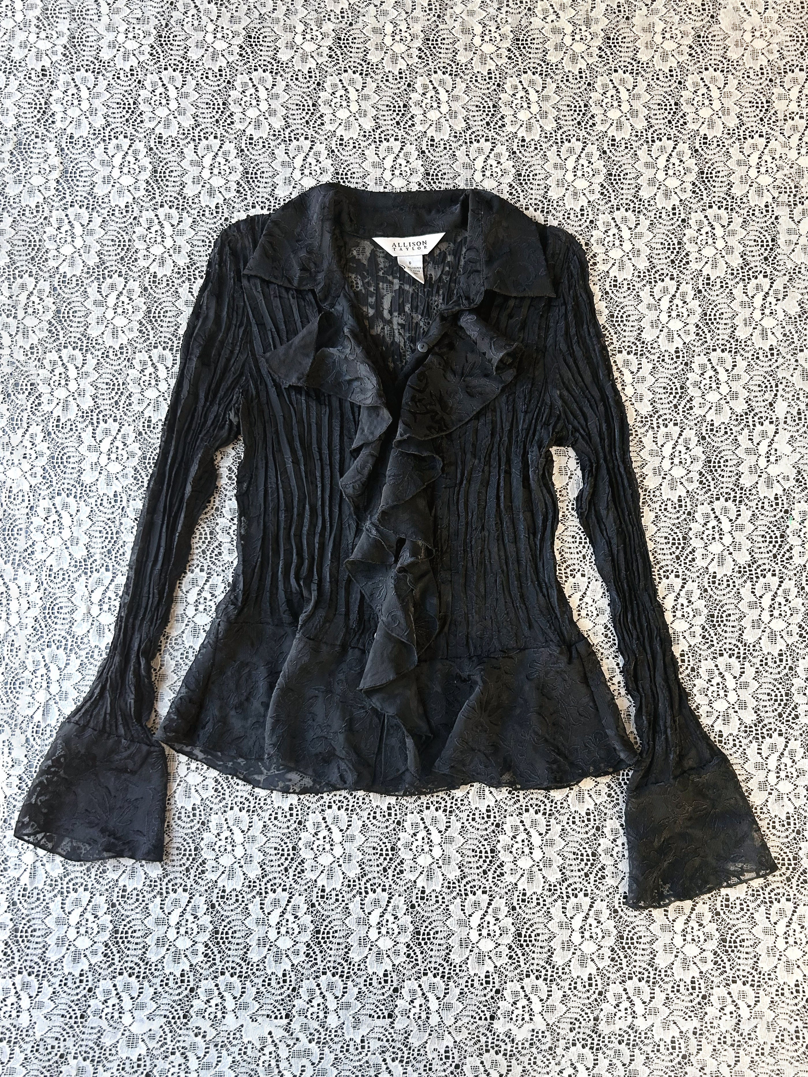 Romantic Flare Ruffled Black Button Blouse