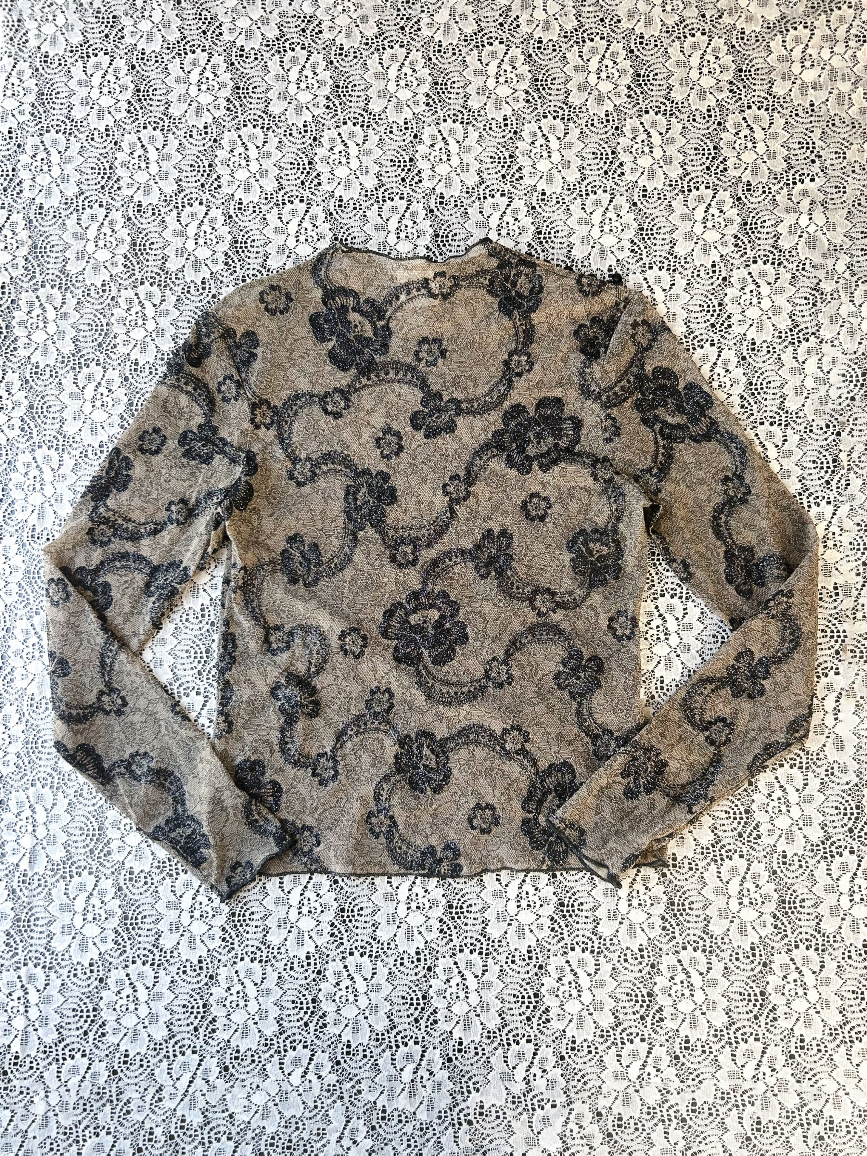 Y2K Sparkly Floral Mesh Long Sleeve Top