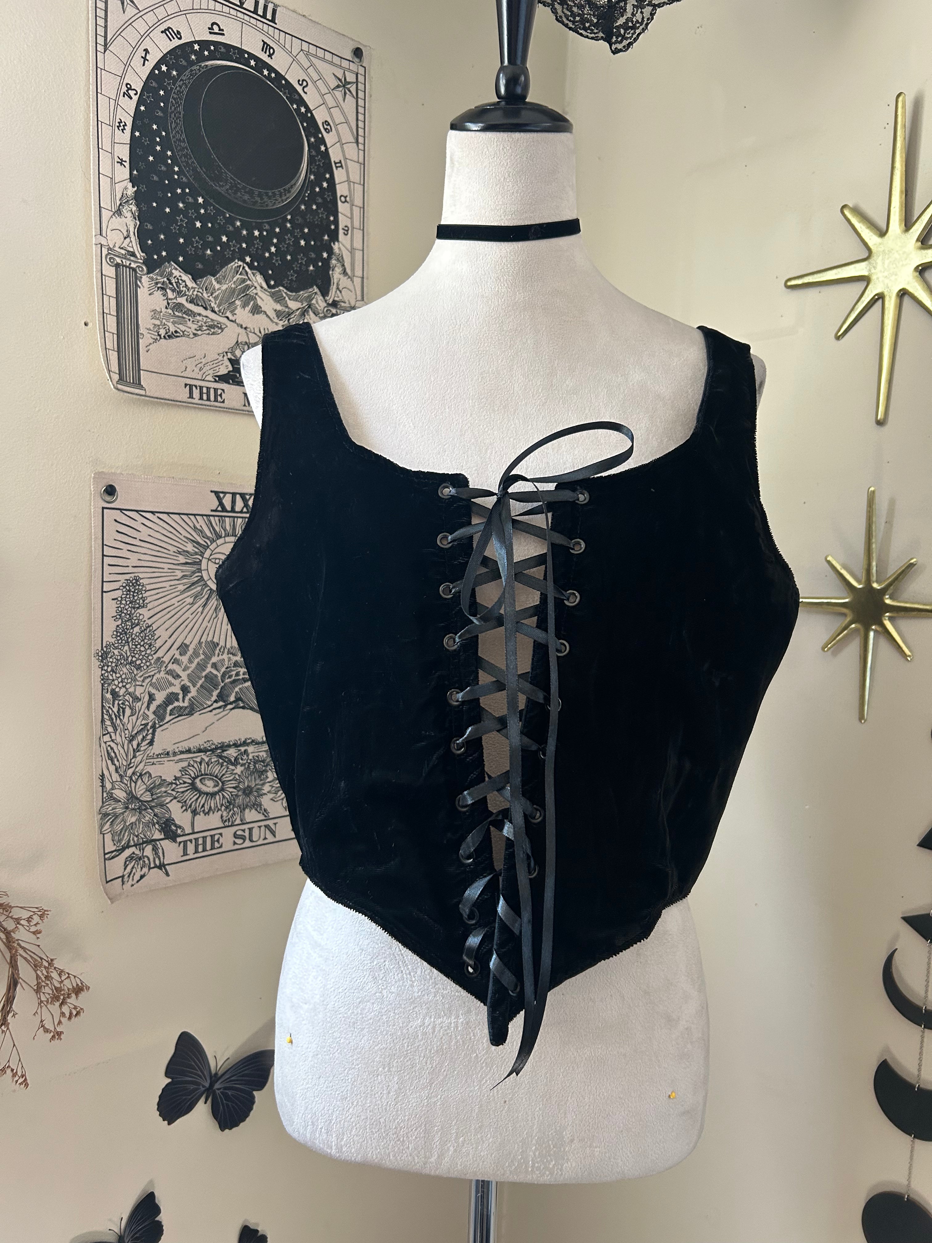 (L) Vintage 90's-00's Laceup velvet Black Crop Corset