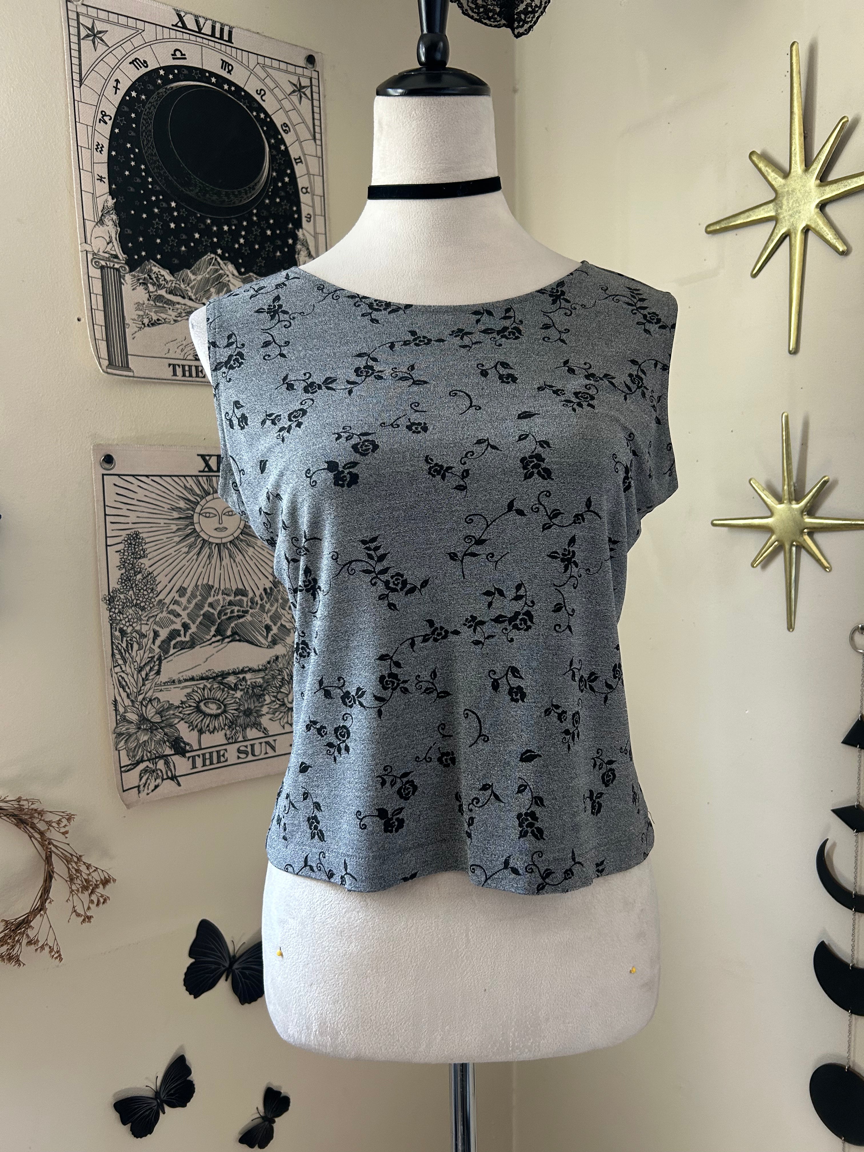(M) Vintage 90's-00's Black Rose Print Tank Top