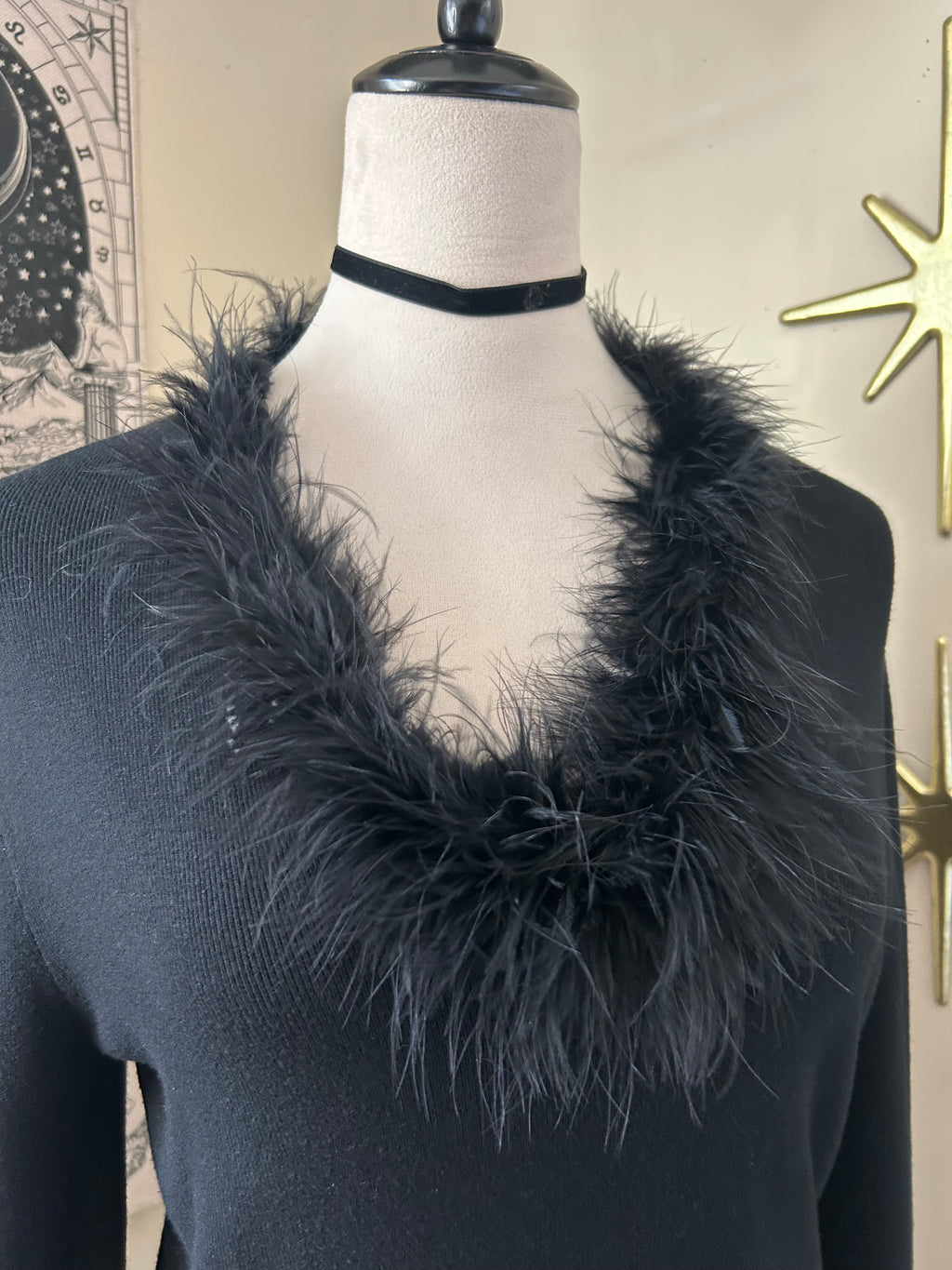 (L) Y2K Feather Trim Flare Long Sleeve Top