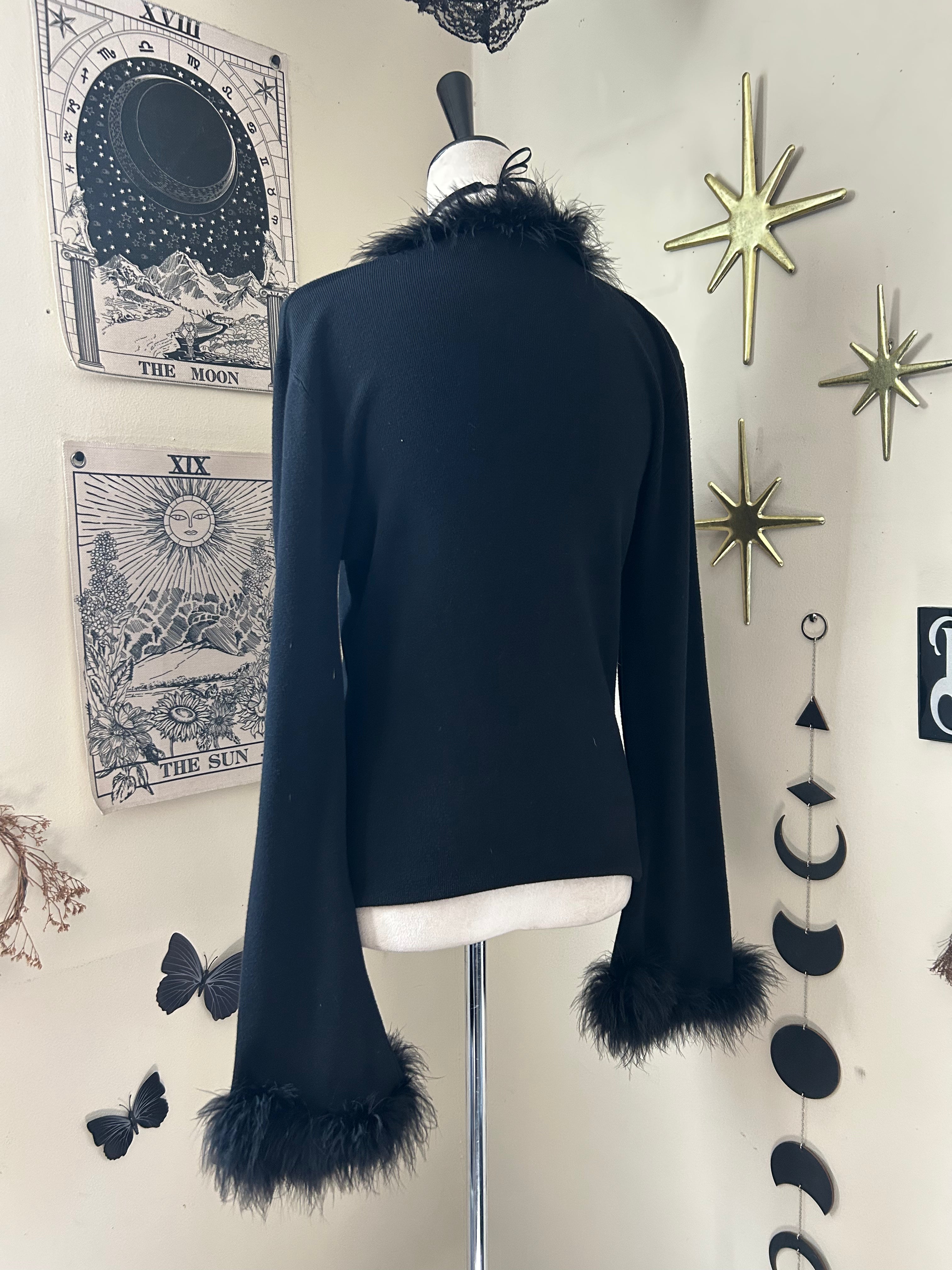 (L) Y2K Feather Trim Flare Long Sleeve Top