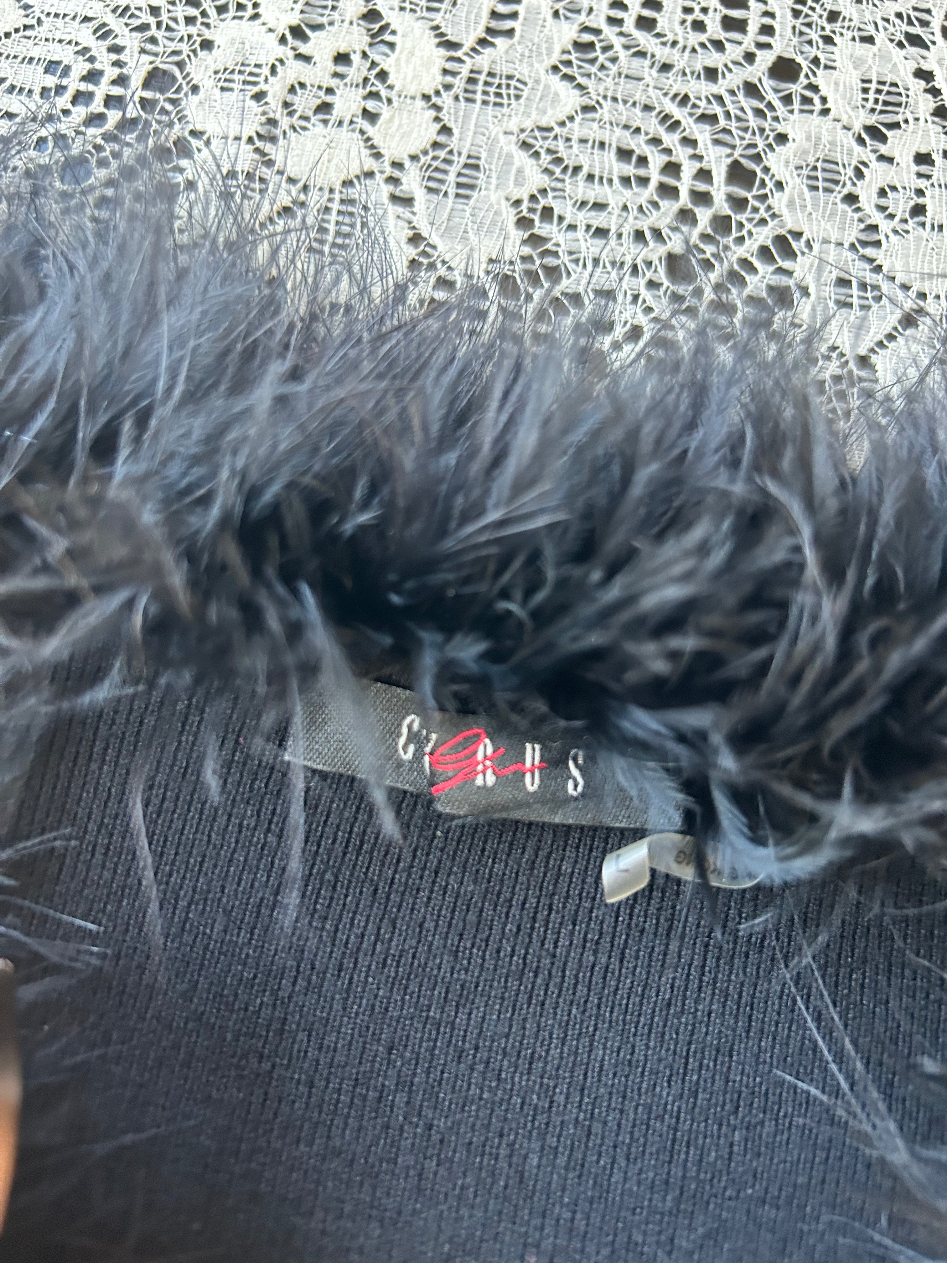 (L) Y2K Feather Trim Flare Long Sleeve Top