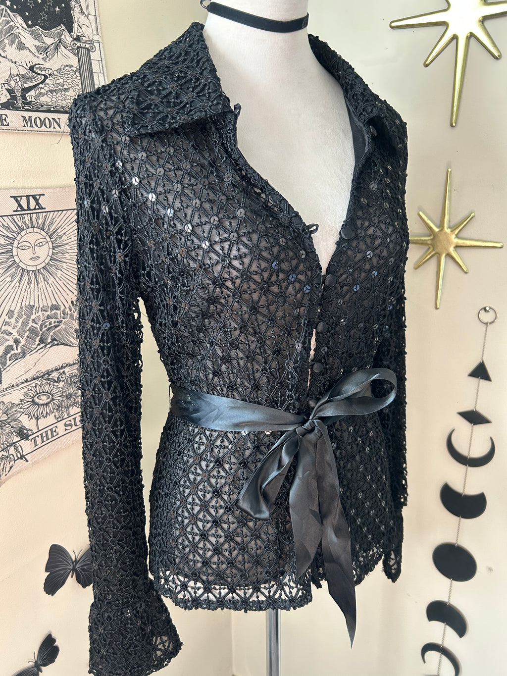 (M/L) Y2K Sequin Knit Flare Long Sleeve Blouse