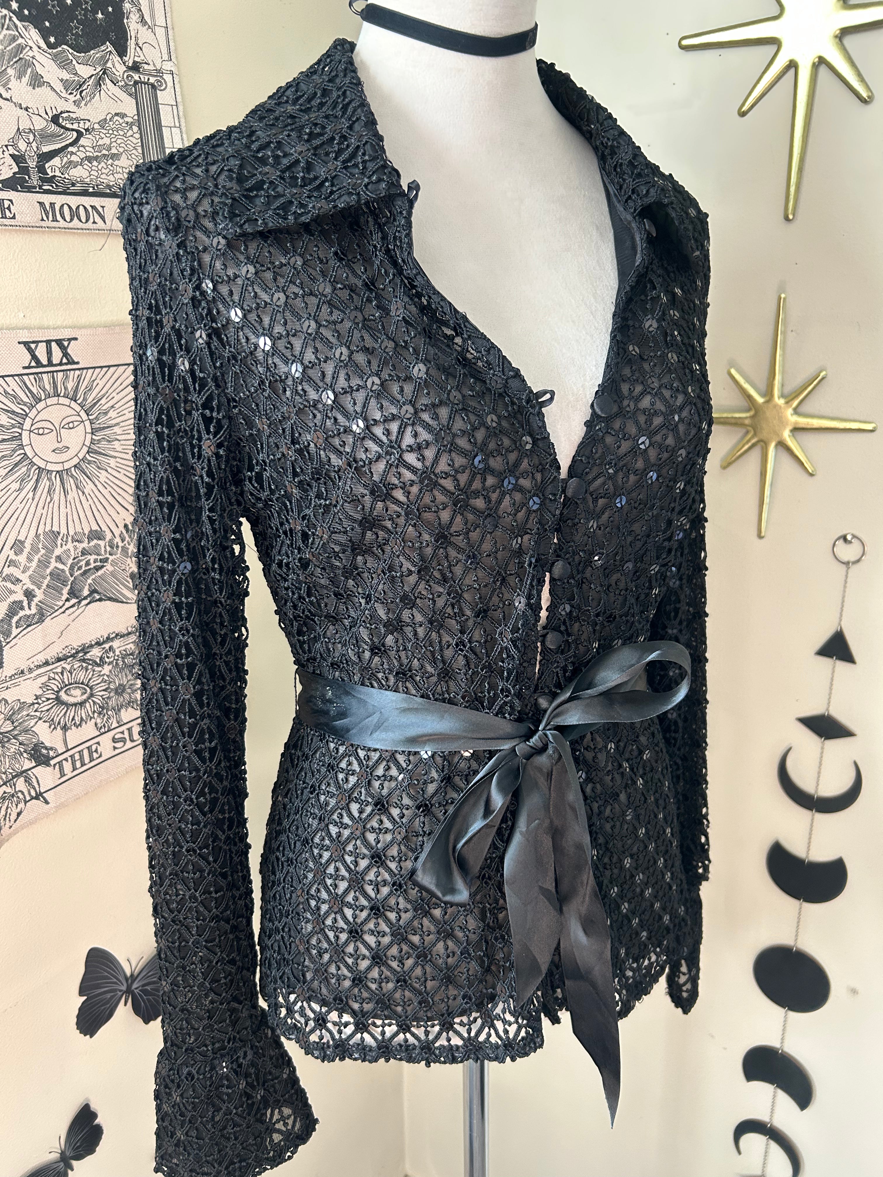 (M/L) Y2K Sequin Knit Flare Long Sleeve Blouse