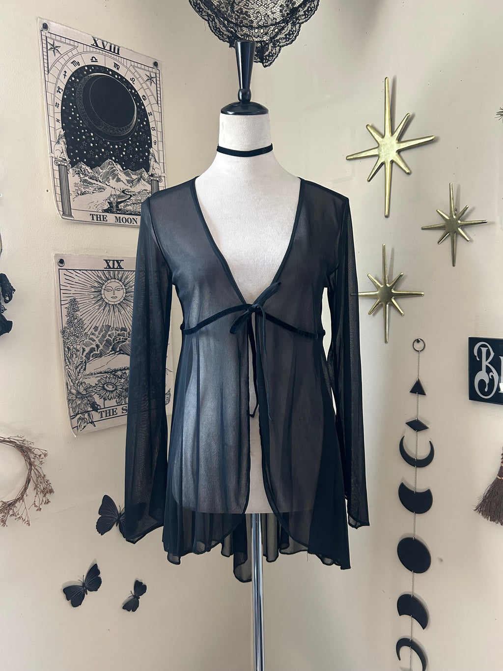 (M/L) Vintage 90's Sheer Tie-front Duster Dress W/ Flared Sleeves