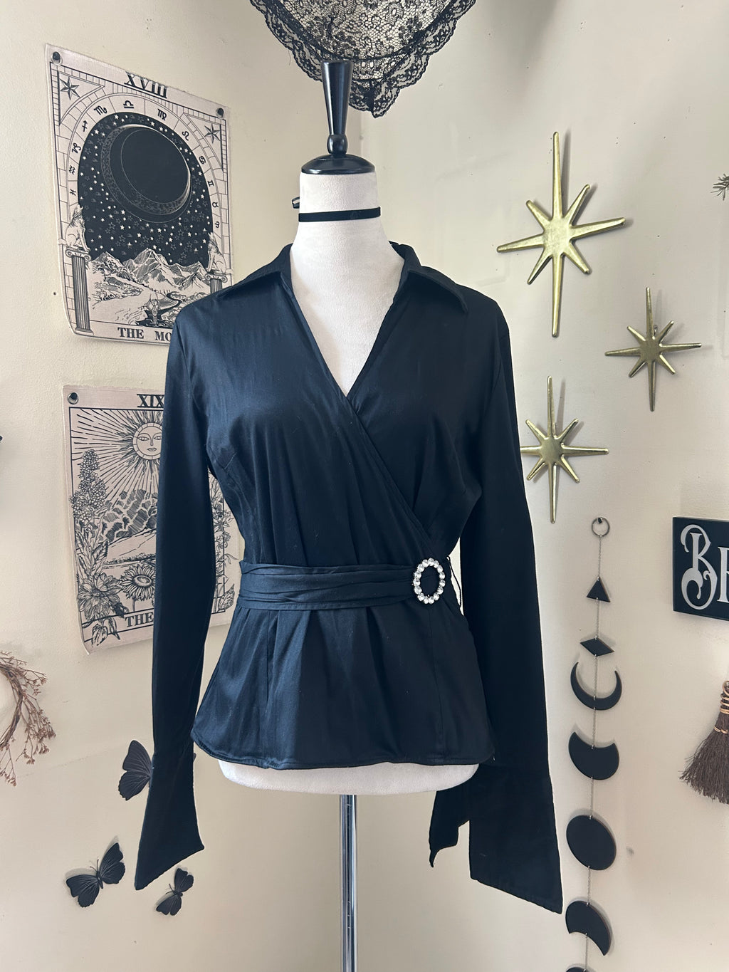 (M) Y2K Wrap V-neck Long Sleeve Blouse