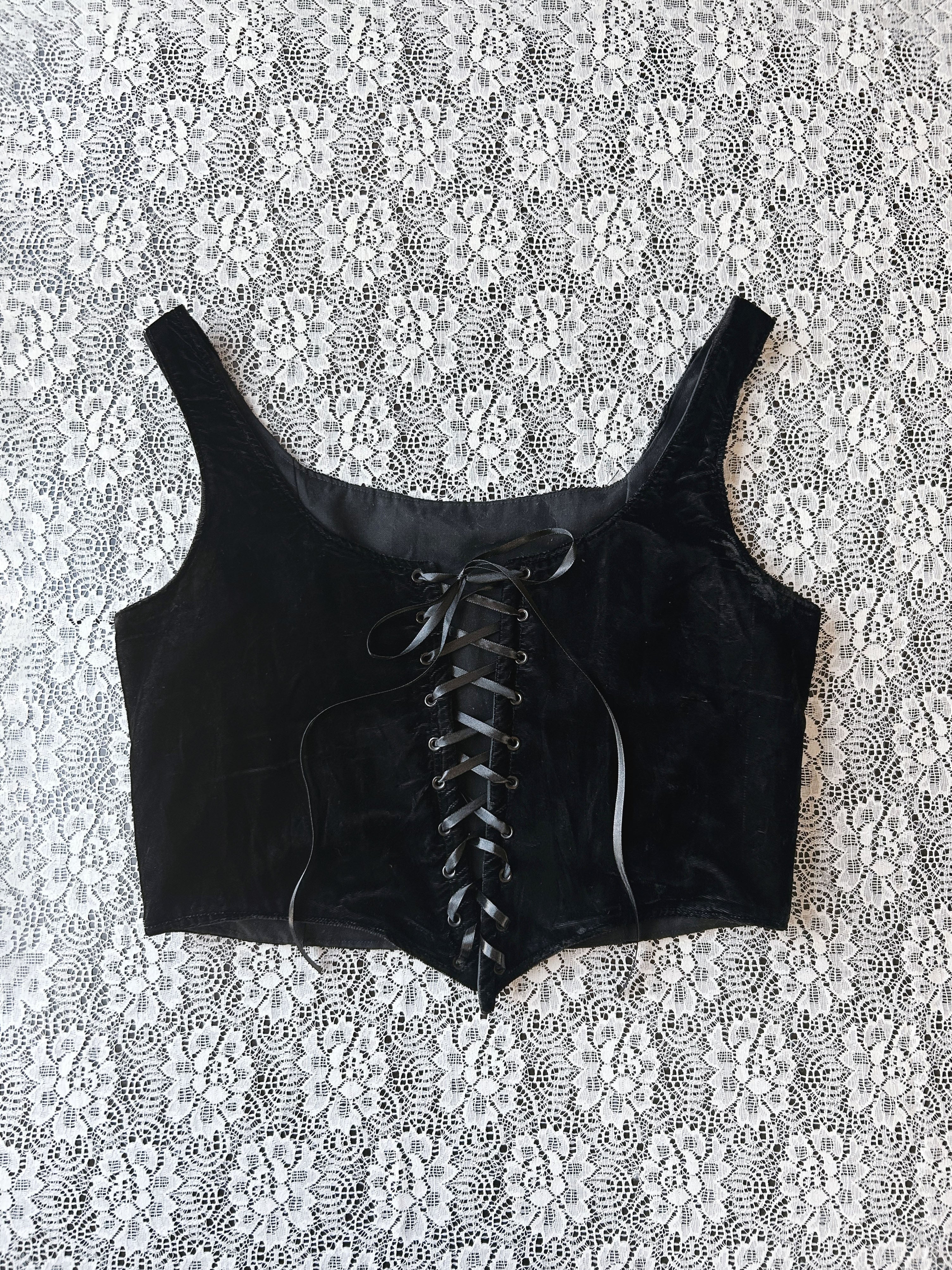 (L) Vintage 90's-00's Laceup velvet Black Crop Corset
