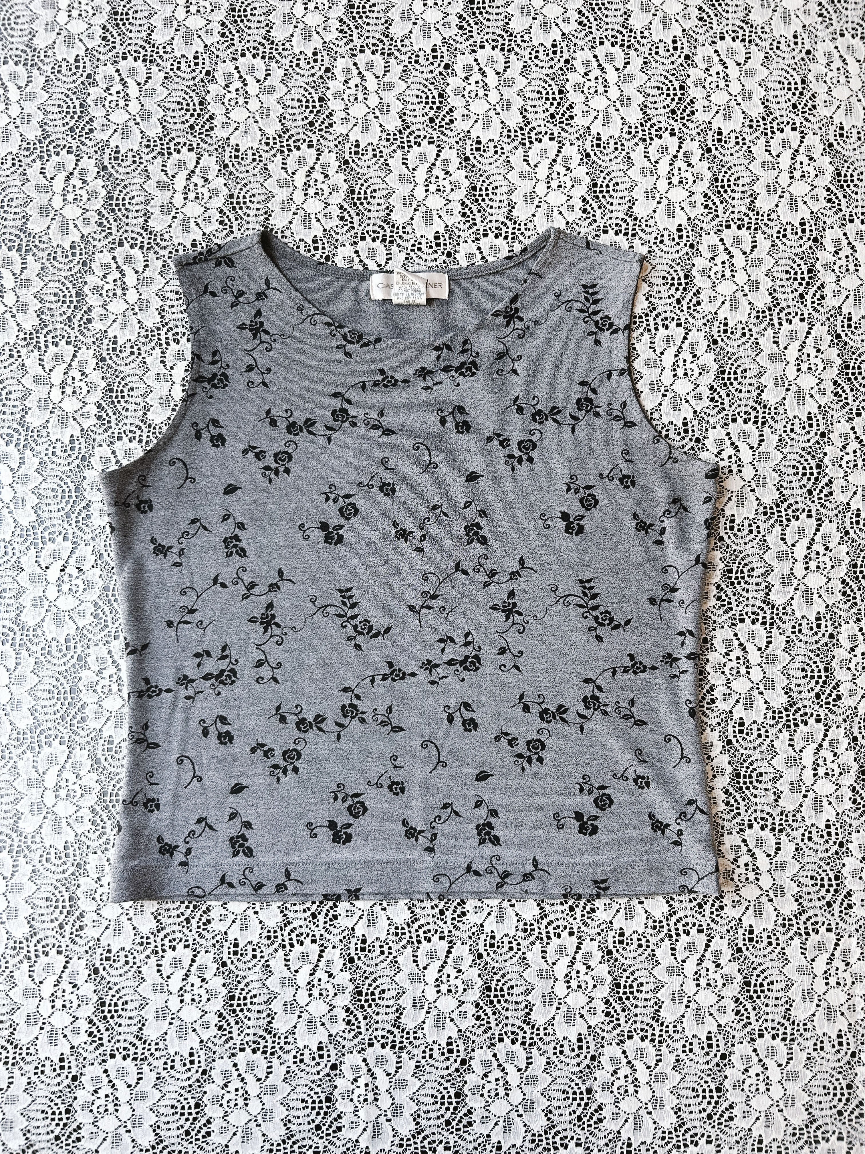 (M) Vintage 90's-00's Black Rose Print Tank Top