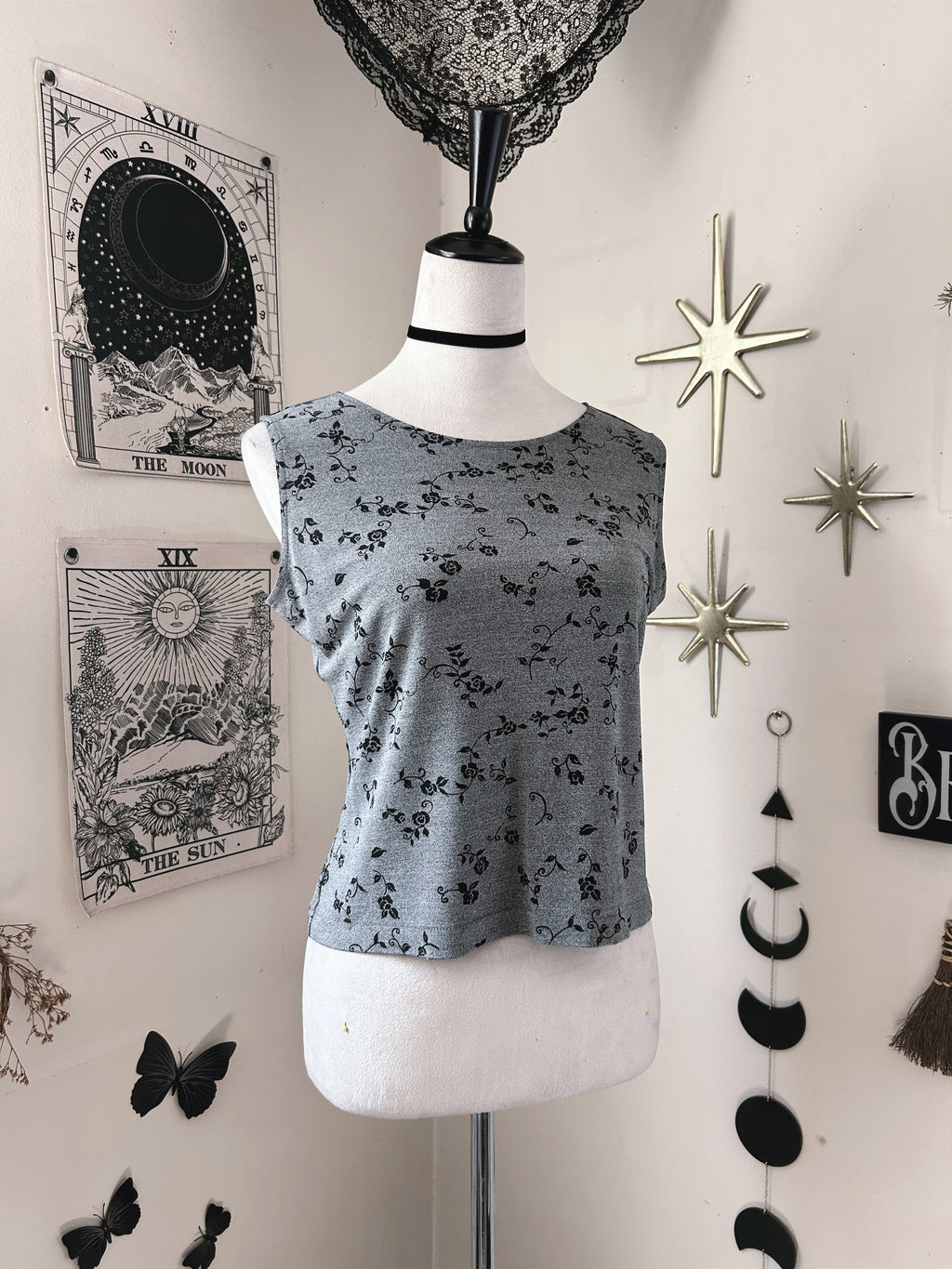 (M) Vintage 90's-00's Black Rose Print Tank Top