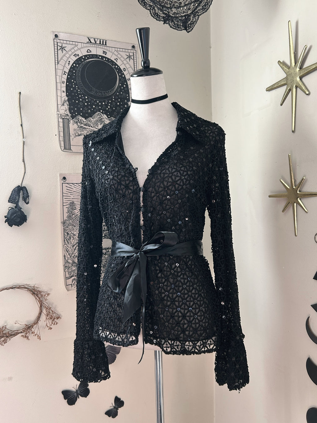 (M/L) Y2K Sequin Knit Flare Long Sleeve Blouse