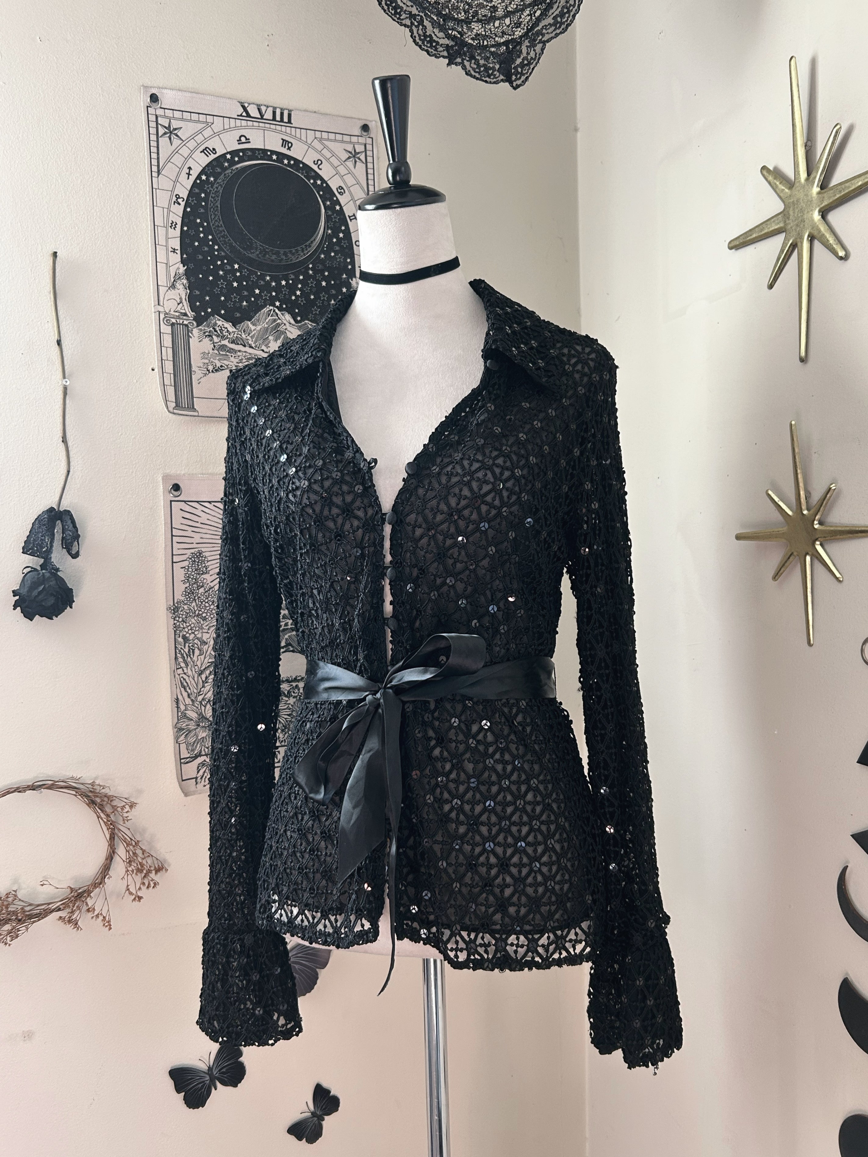 (M/L) Y2K Sequin Knit Flare Long Sleeve Blouse