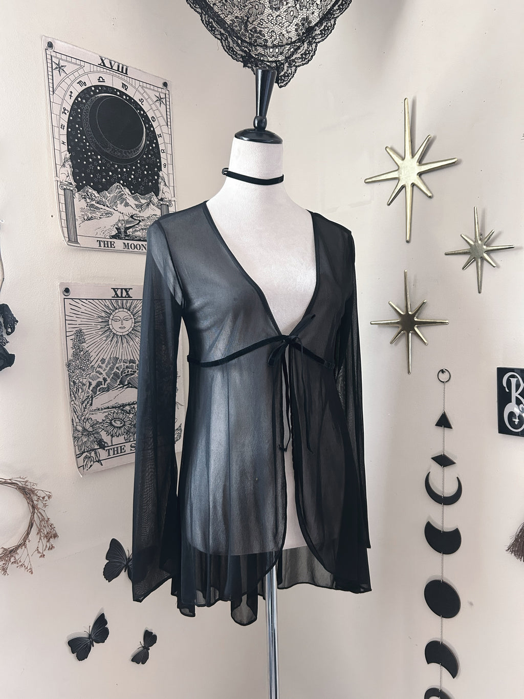 (M/L) Vintage 90's Sheer Tie-front Duster Dress W/ Flared Sleeves