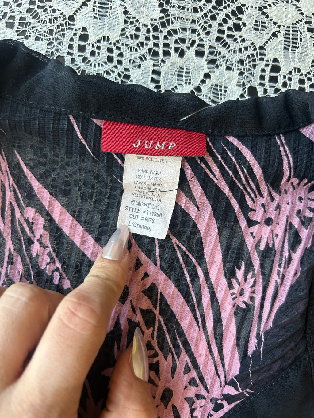 (S/M) 00's Pink & Black Floral Print Long Sleeve Blouse