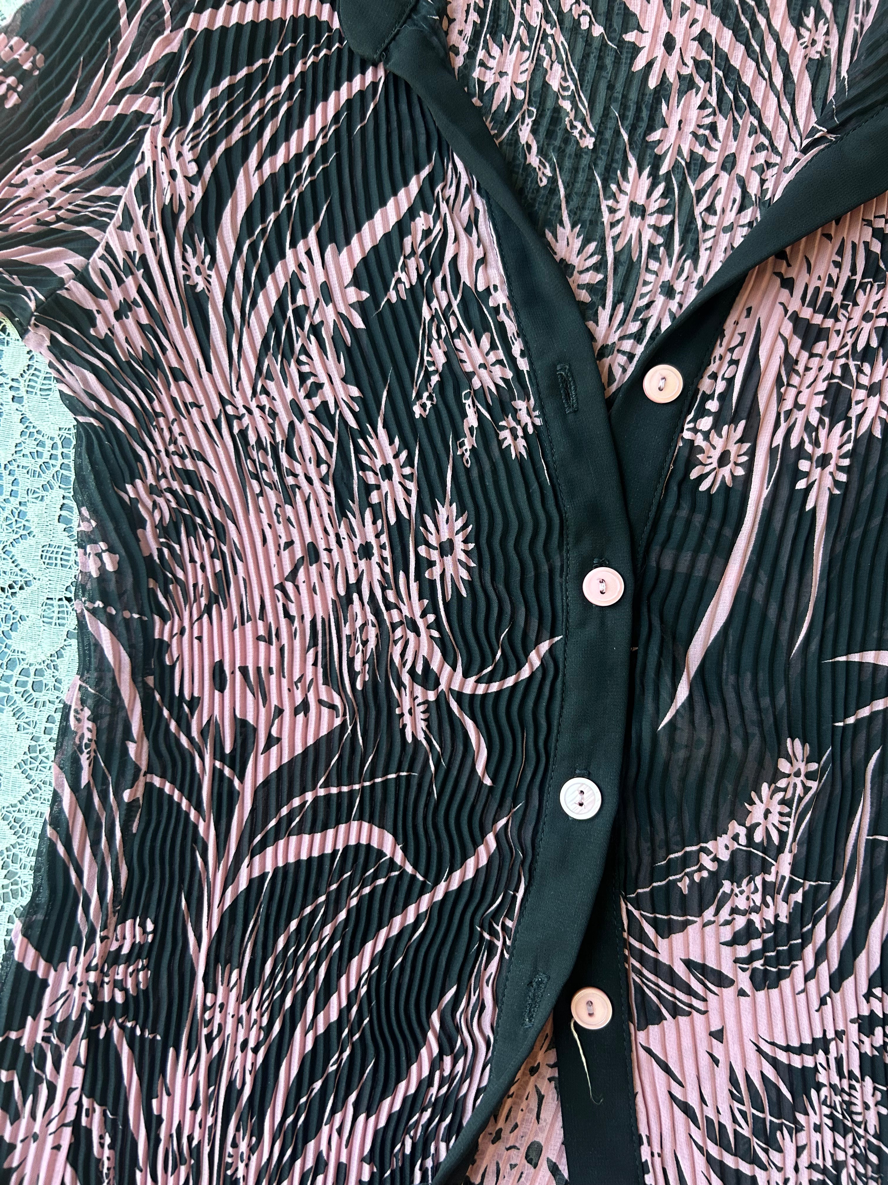 (S/M) 00's Pink & Black Floral Print Long Sleeve Blouse