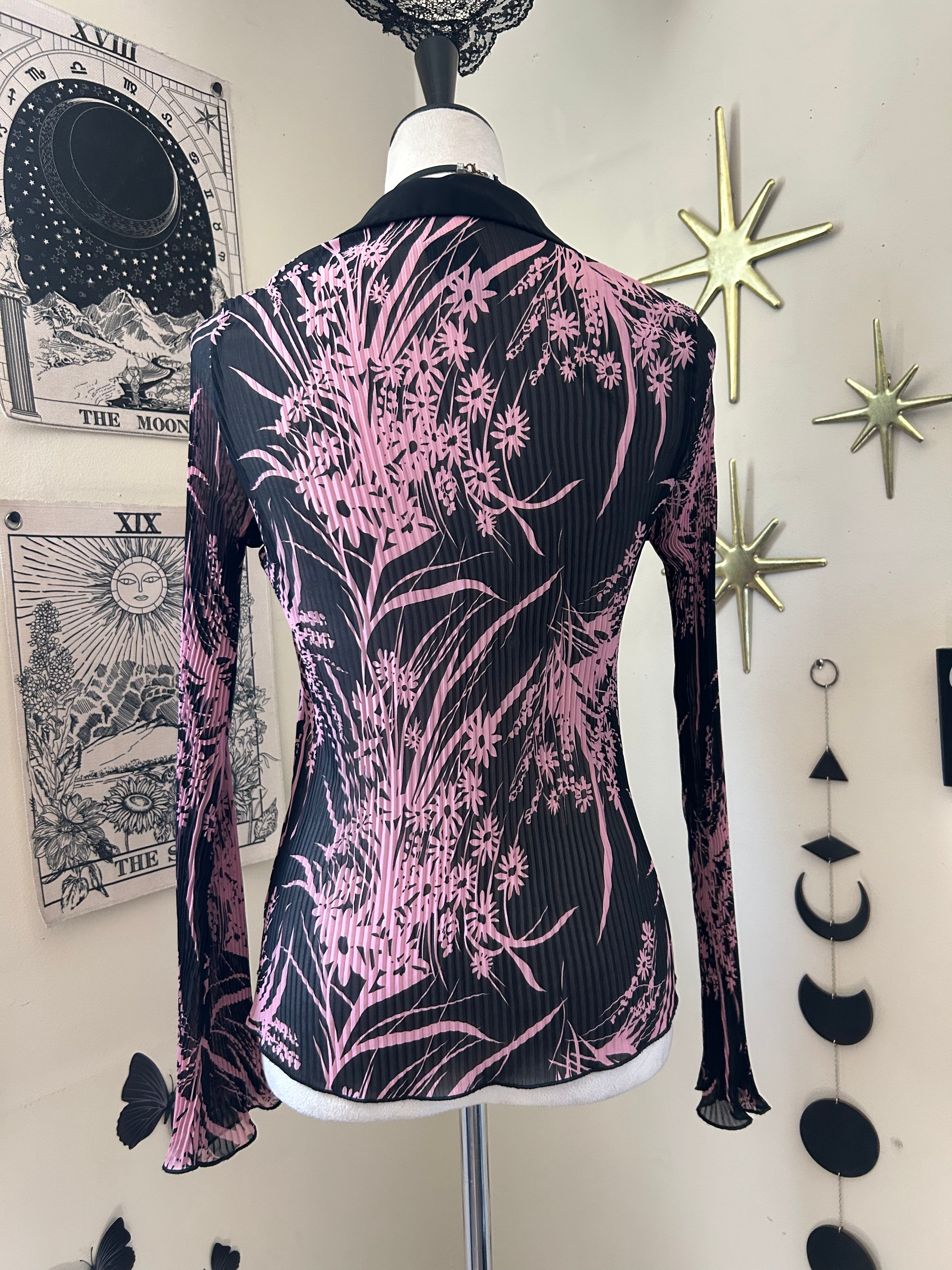 (S/M) 00's Pink & Black Floral Print Long Sleeve Blouse