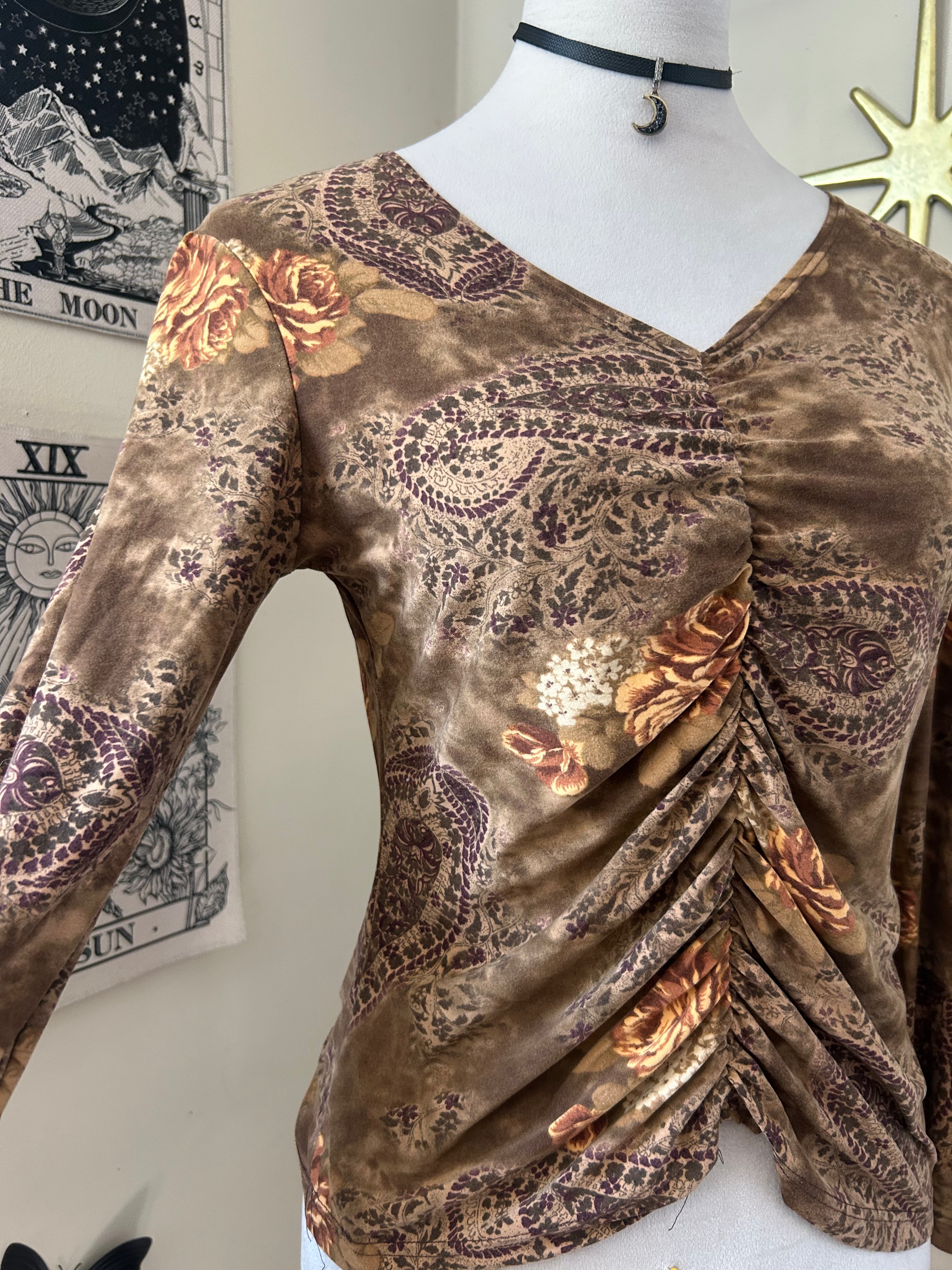 (M/L) Floral & Paisley Print Brown Top
