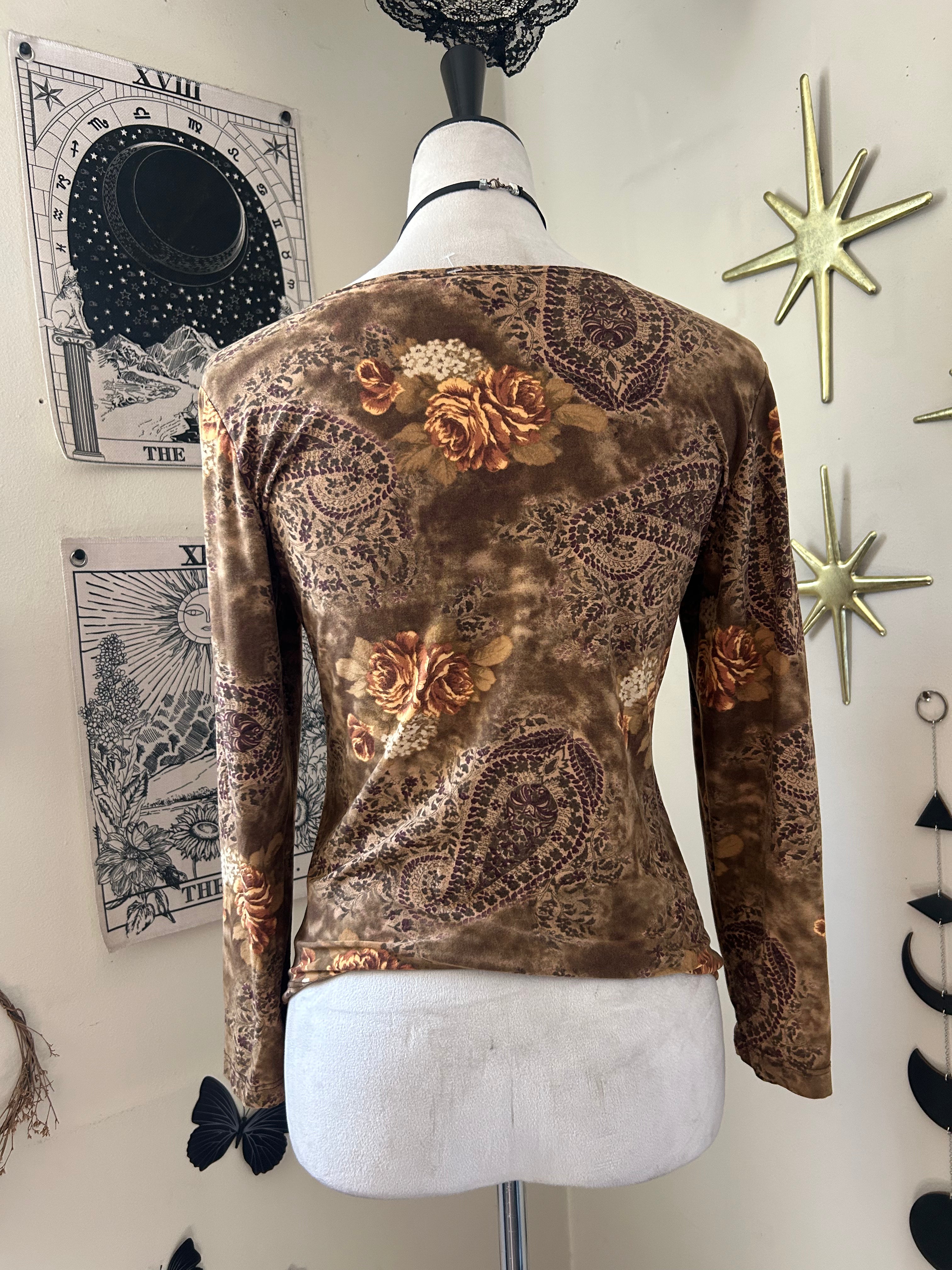 (M/L) Floral & Paisley Print Brown Top