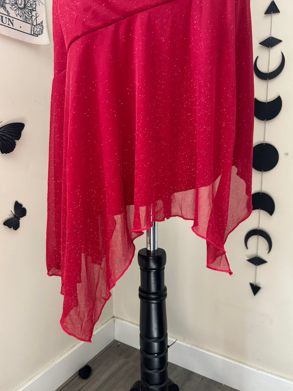 (S) Vintage 00's Halter Top Red Sparkly Midi Dress