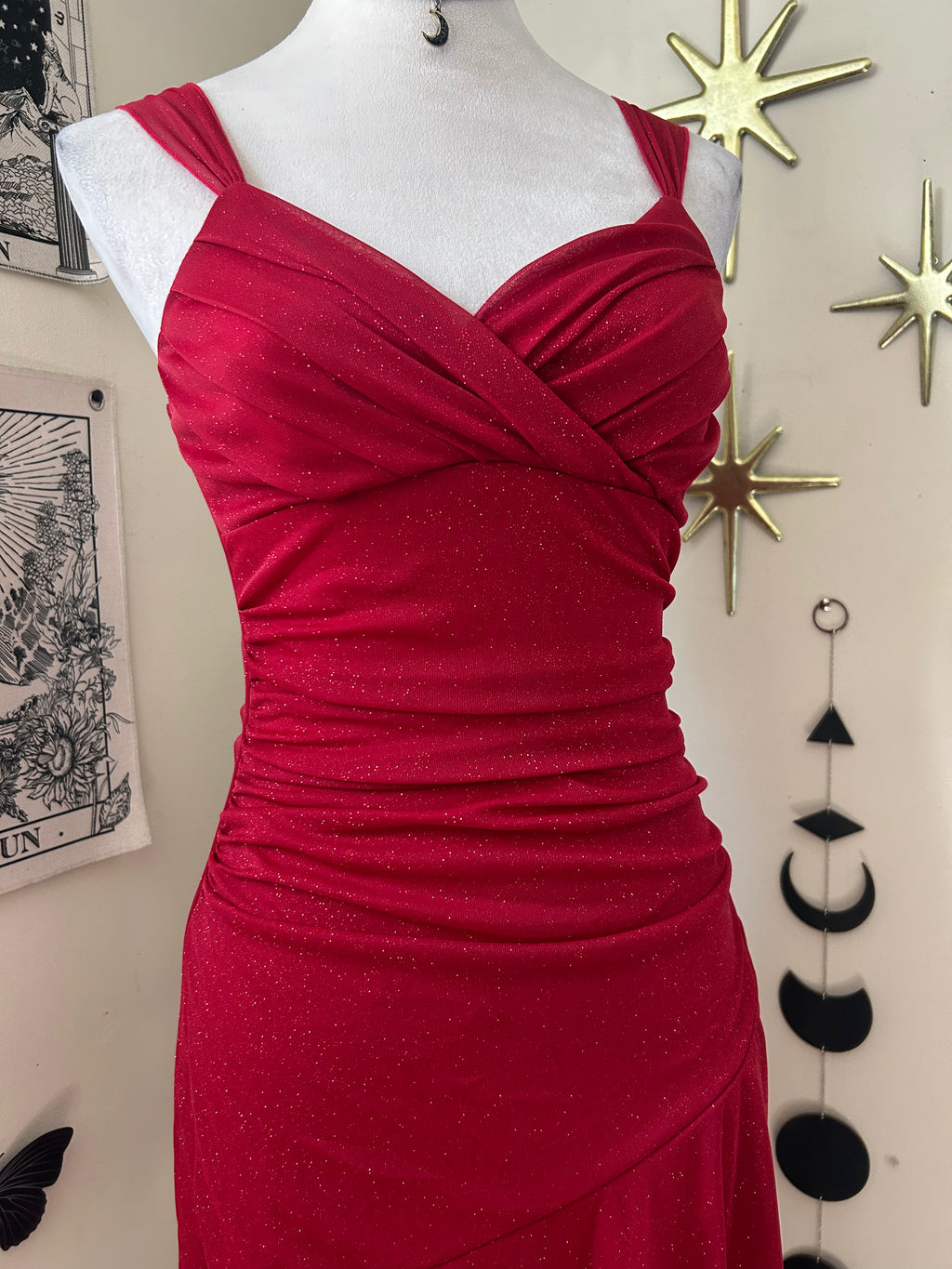 (S) Vintage 00's Halter Top Red Sparkly Midi Dress