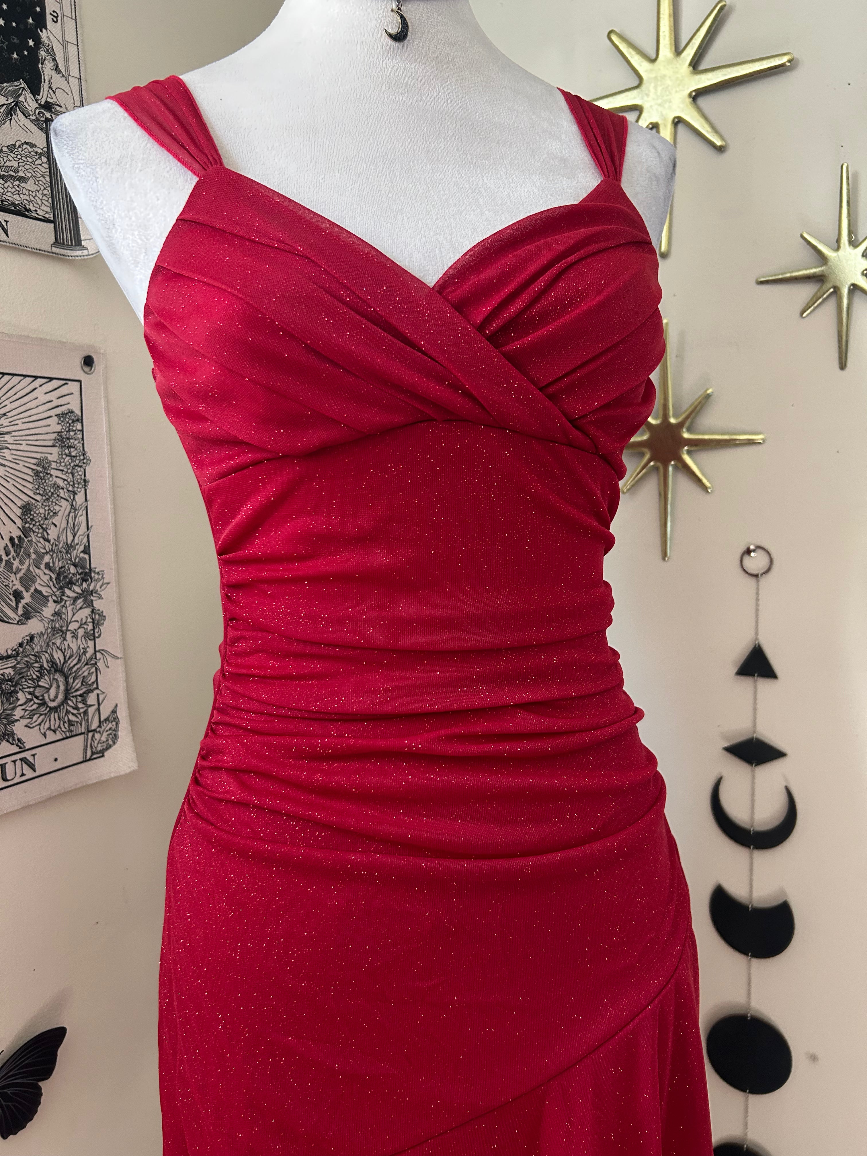 (S) Vintage 00's Halter Top Red Sparkly Midi Dress