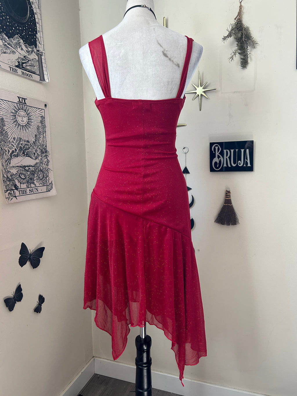 (S) Vintage 00's Halter Top Red Sparkly Midi Dress