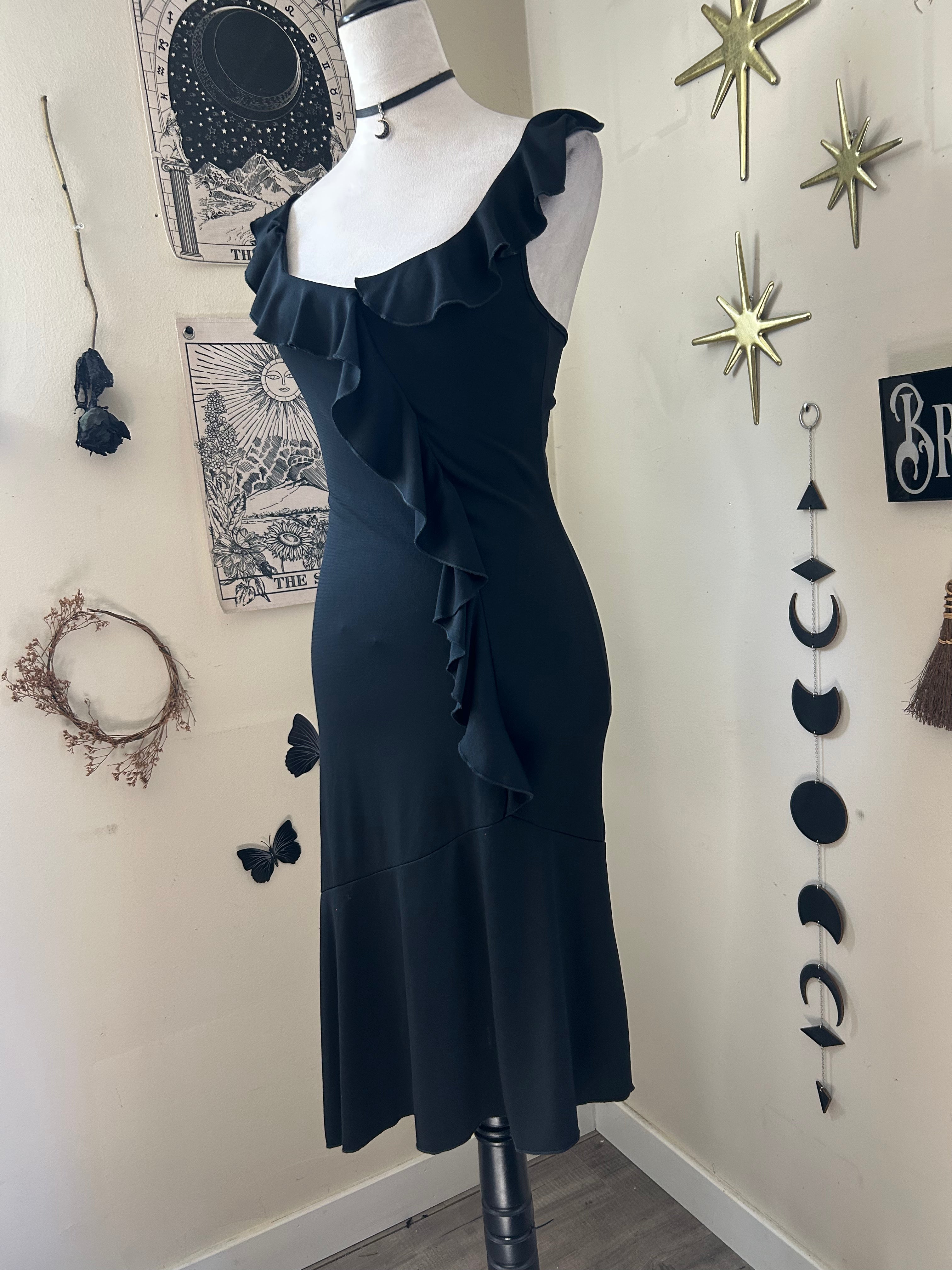 (S/M) Vintage 00's Black Asymmetrical Midi Dress
