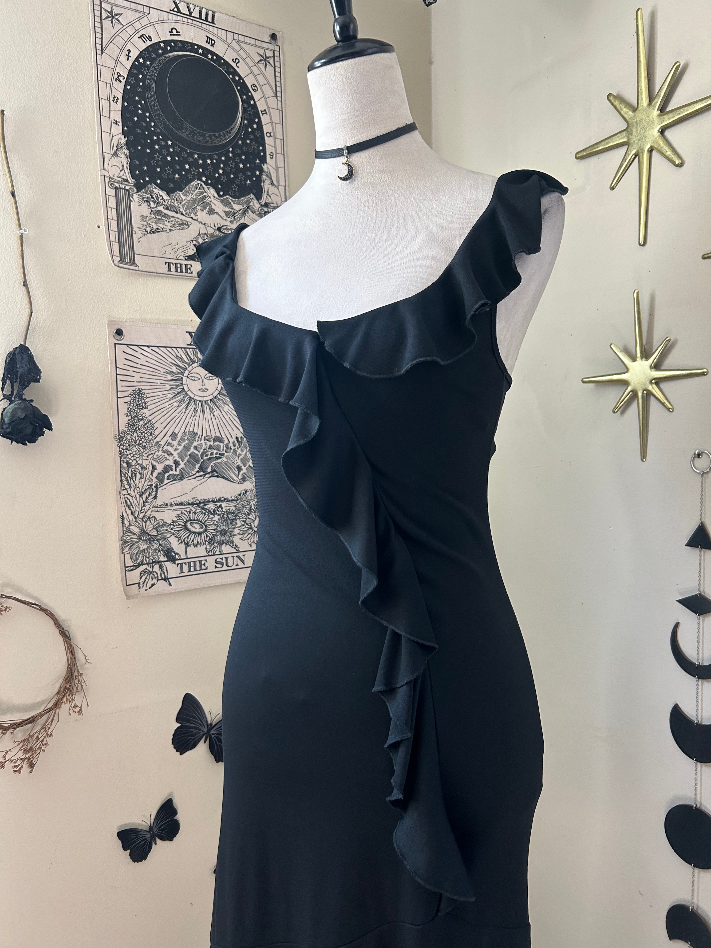 (S/M) Vintage 00's Black Asymmetrical Midi Dress