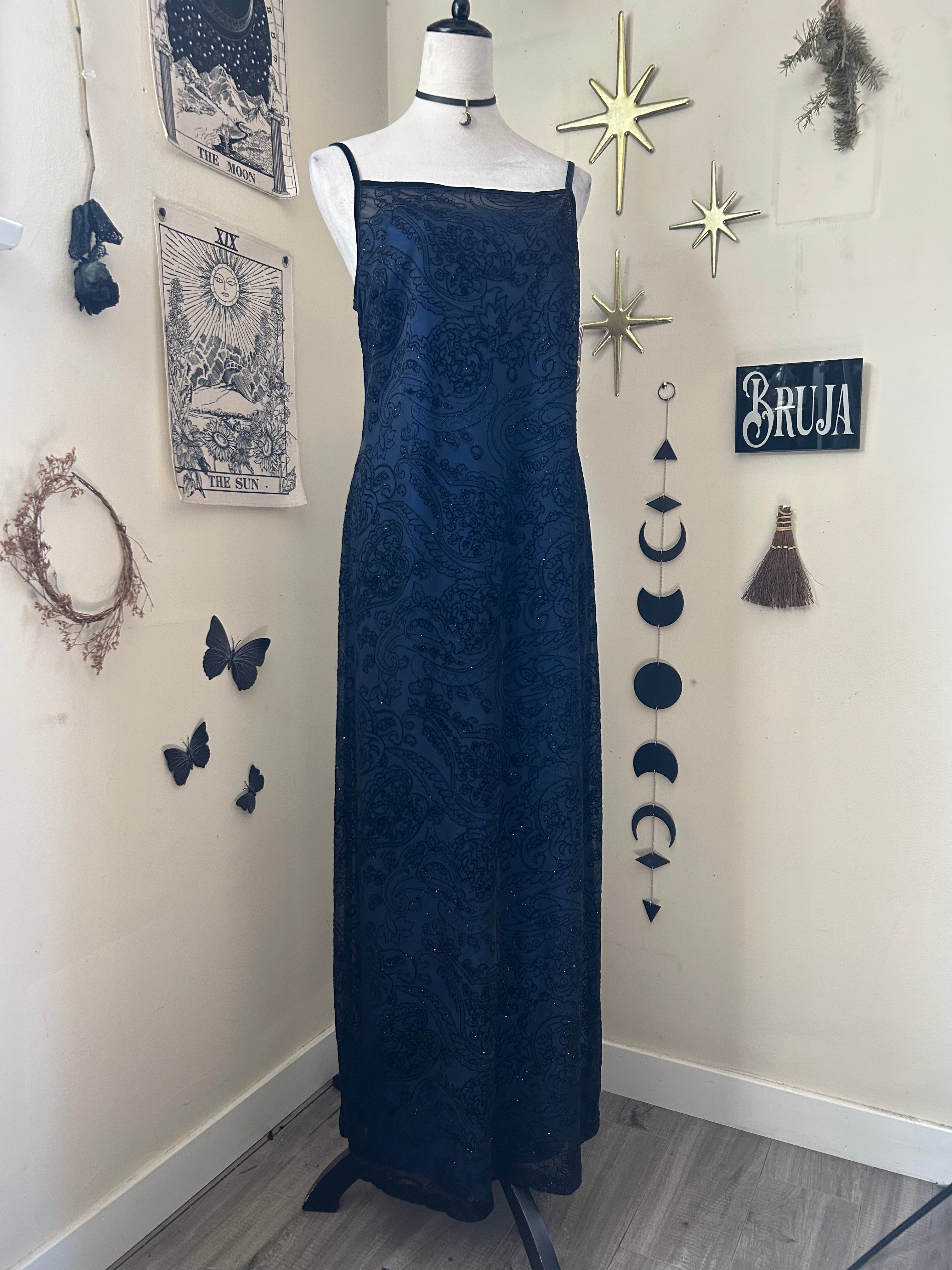 (L) Vintage 90's-00's Black & Blue Sparkly Maxi Dress