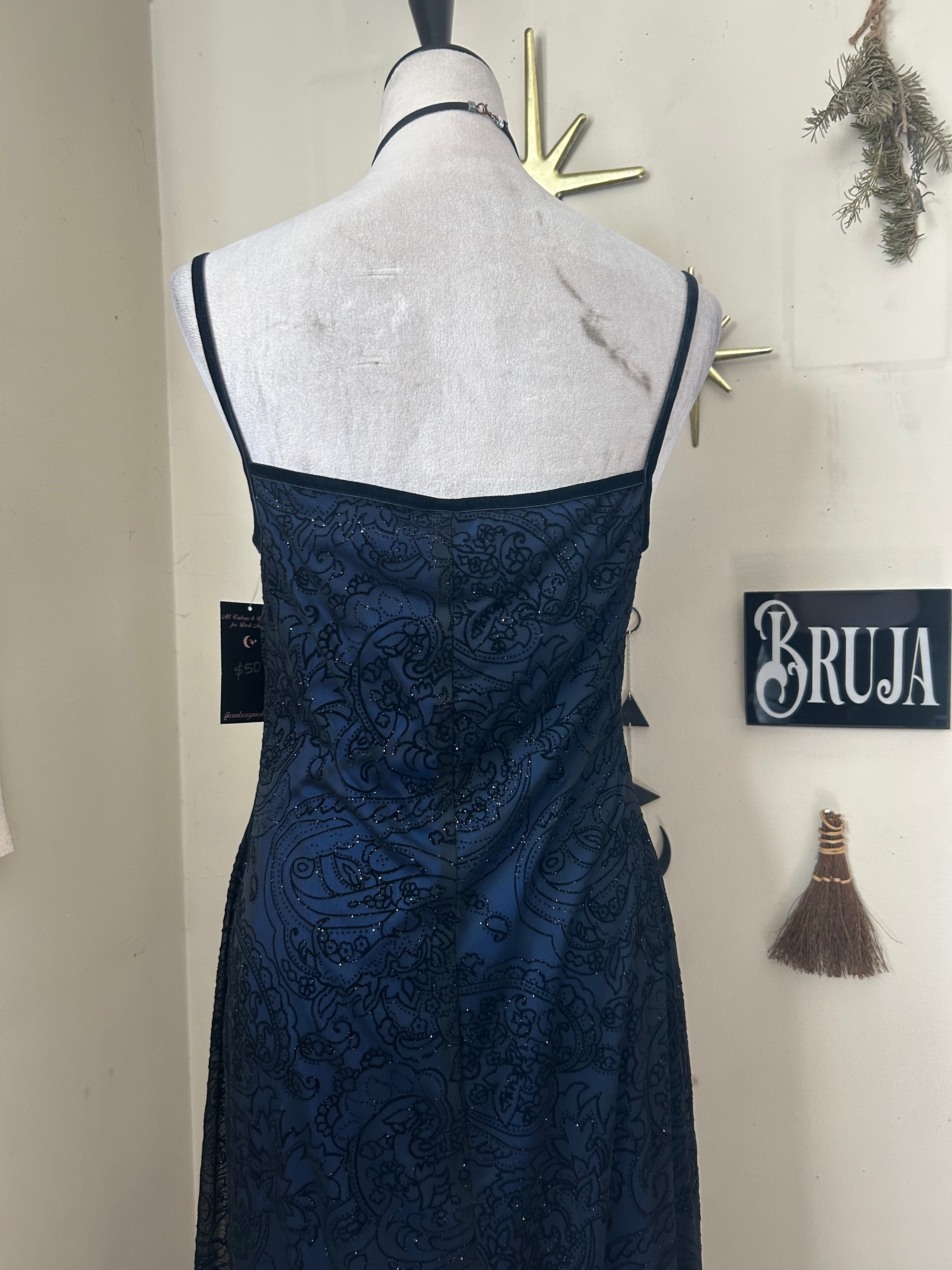 (L) Vintage 90's-00's Black & Blue Sparkly Maxi Dress