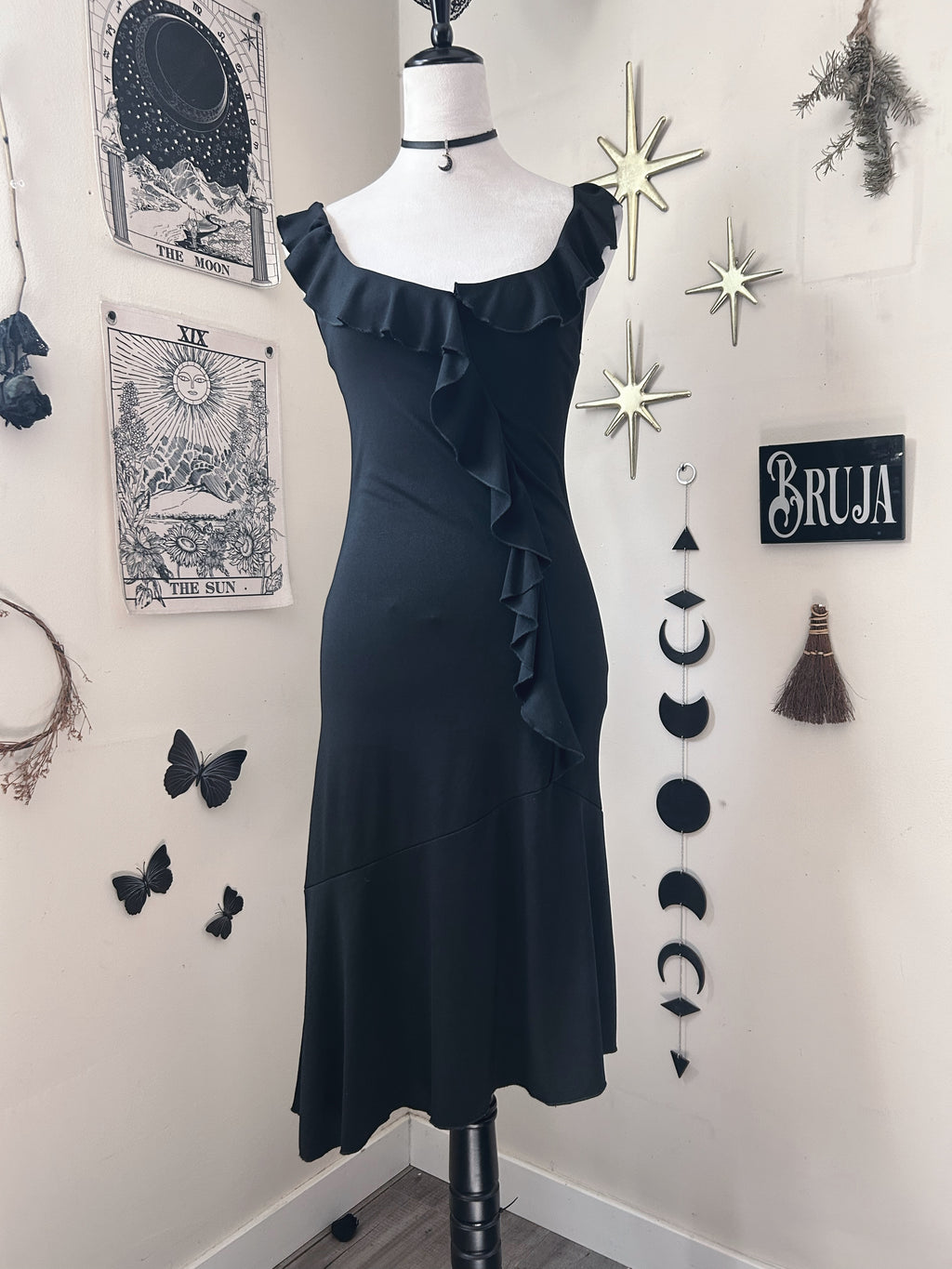 (S/M) Vintage 00's Black Asymmetrical Midi Dress