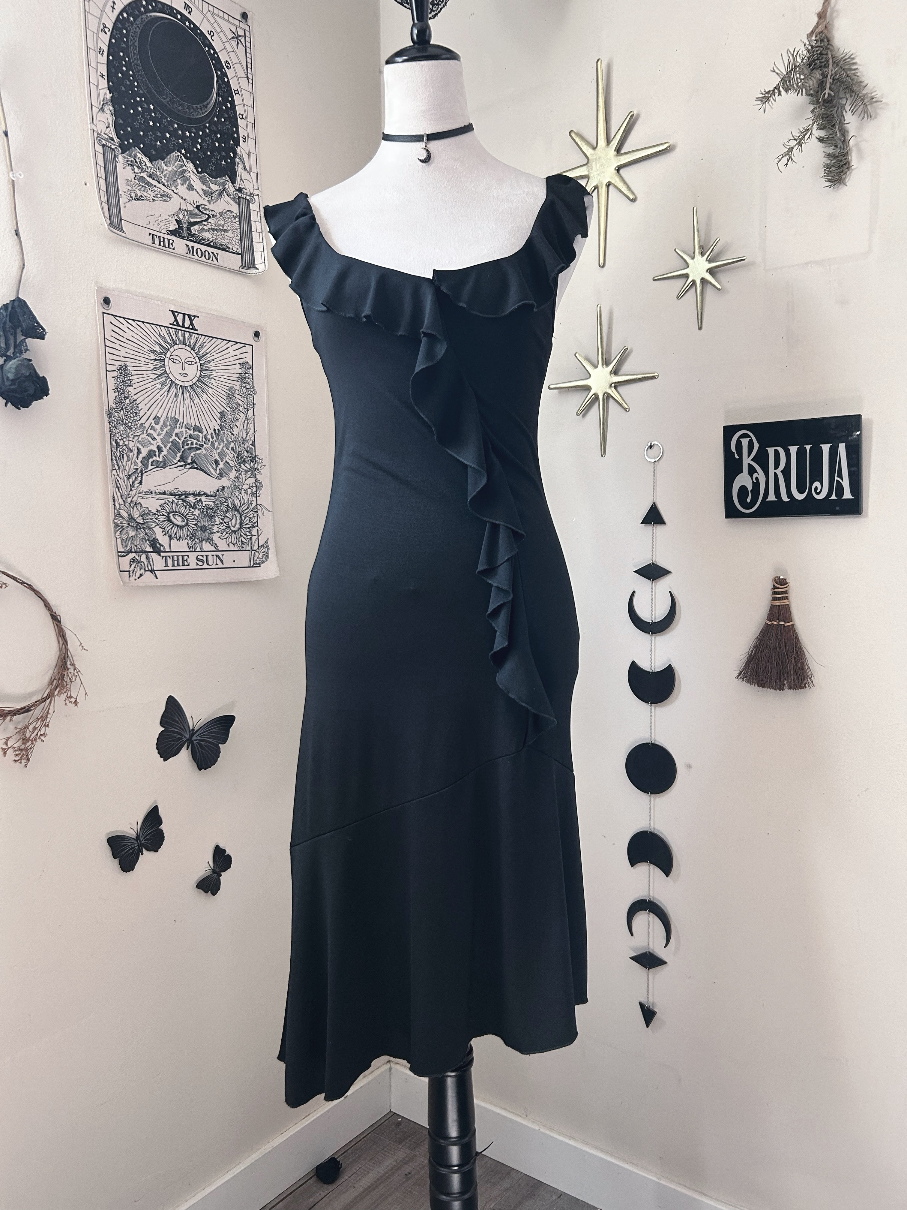 (S/M) Vintage 00's Black Asymmetrical Midi Dress