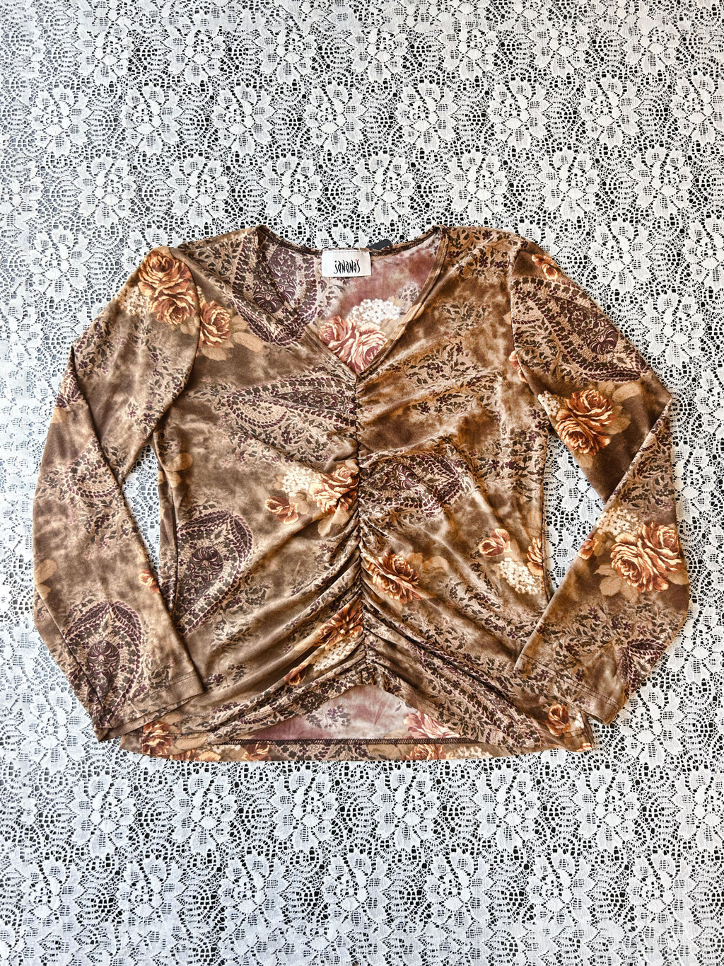 (M/L) Floral & Paisley Print Brown Top