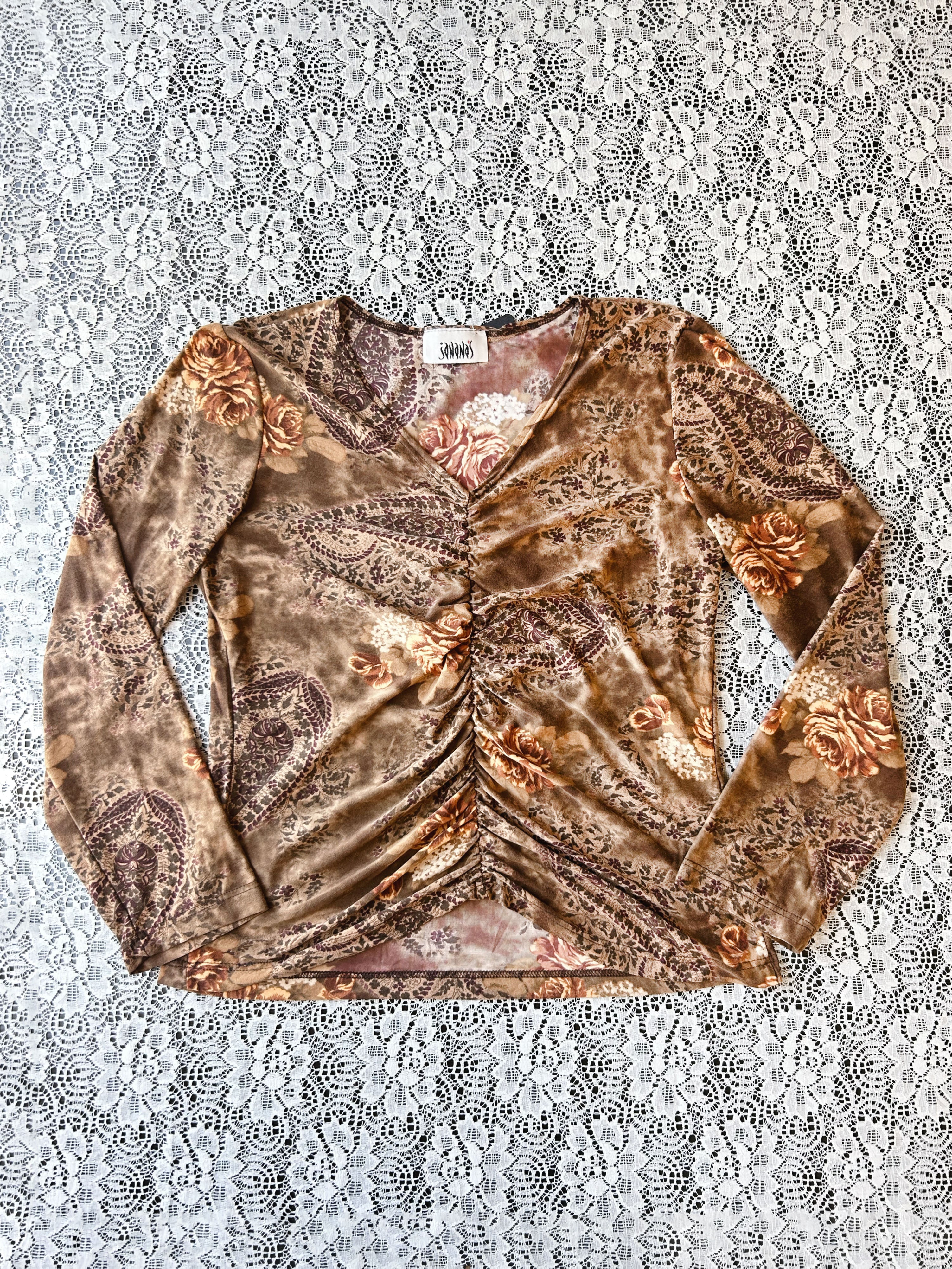 (M/L) Floral & Paisley Print Brown Top