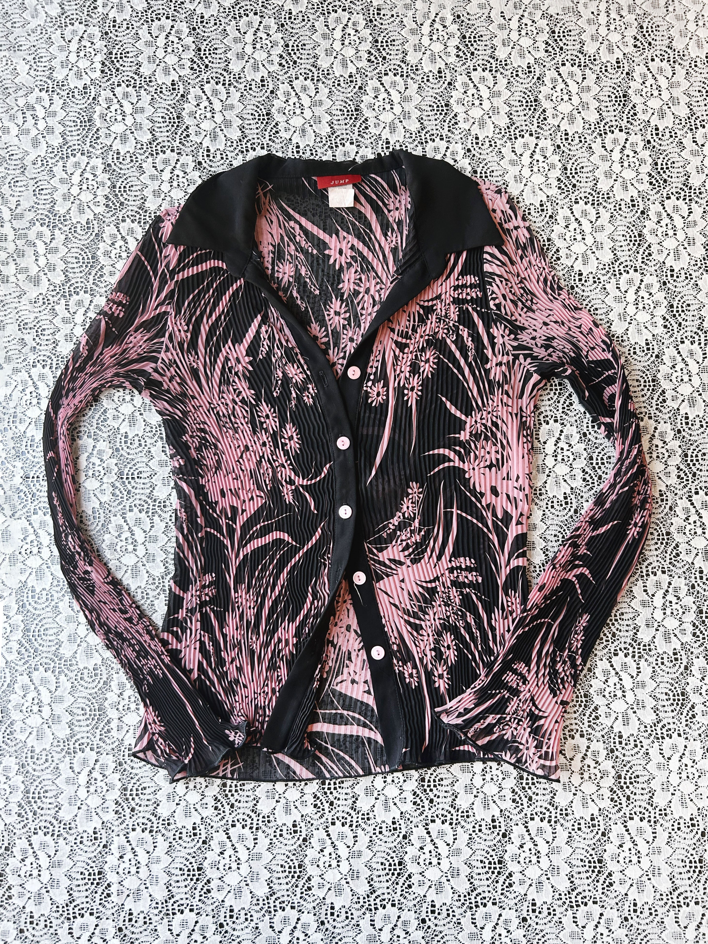 (S/M) 00's Pink & Black Floral Print Long Sleeve Blouse