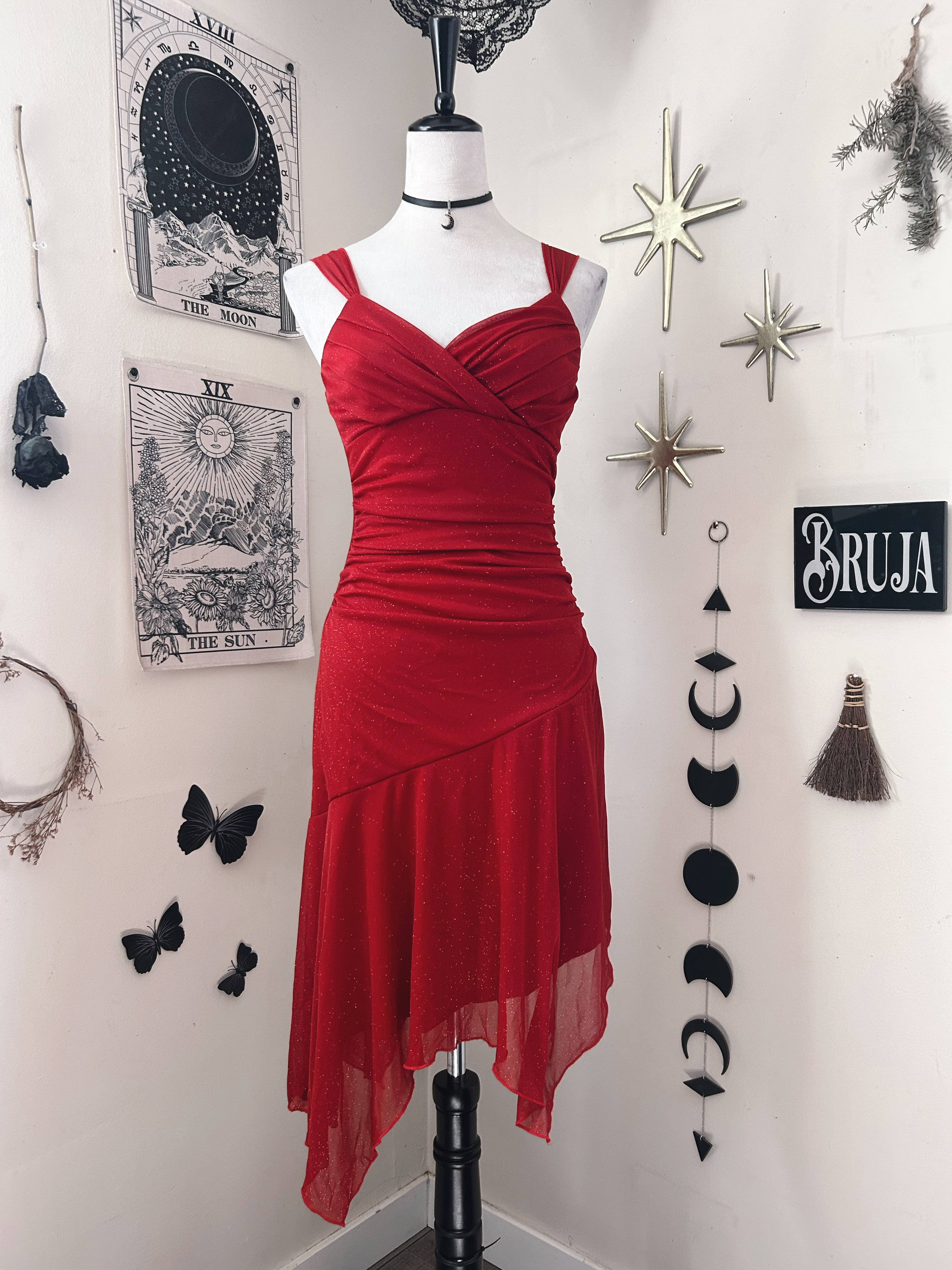 (S) Vintage 00's Halter Top Red Sparkly Midi Dress