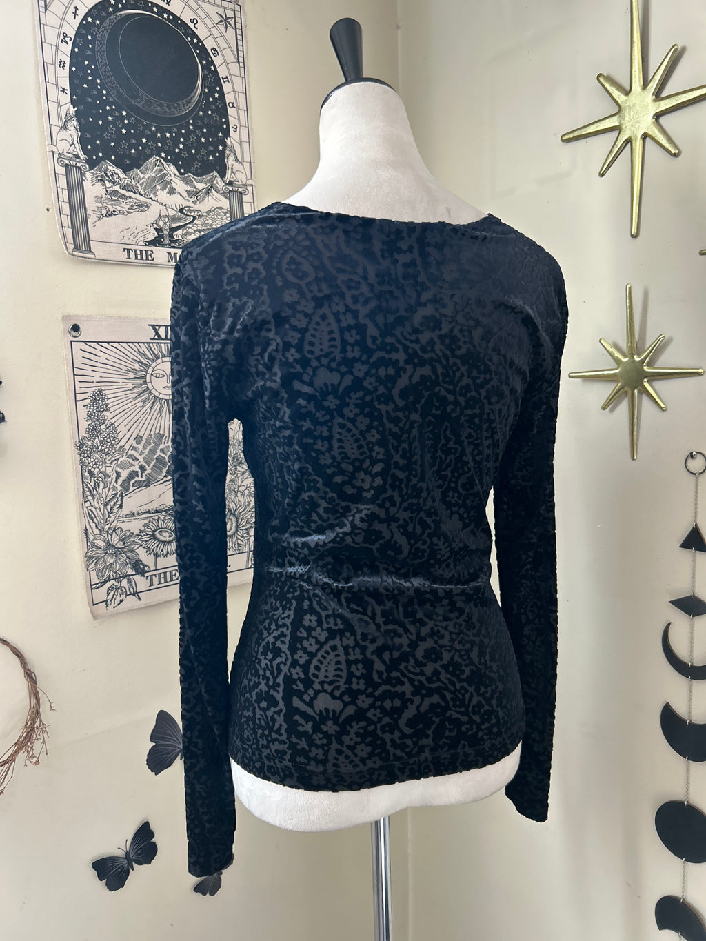 (M) 00's V-Neck Jacquard Velvet Print Blouse