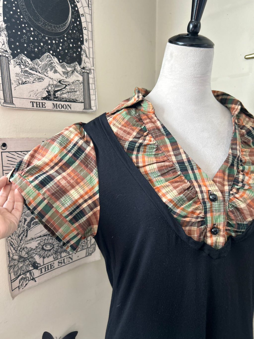 (2XL) Vintage 90's-00's Plaid Faux Double Layer Puff Sleeves Top
