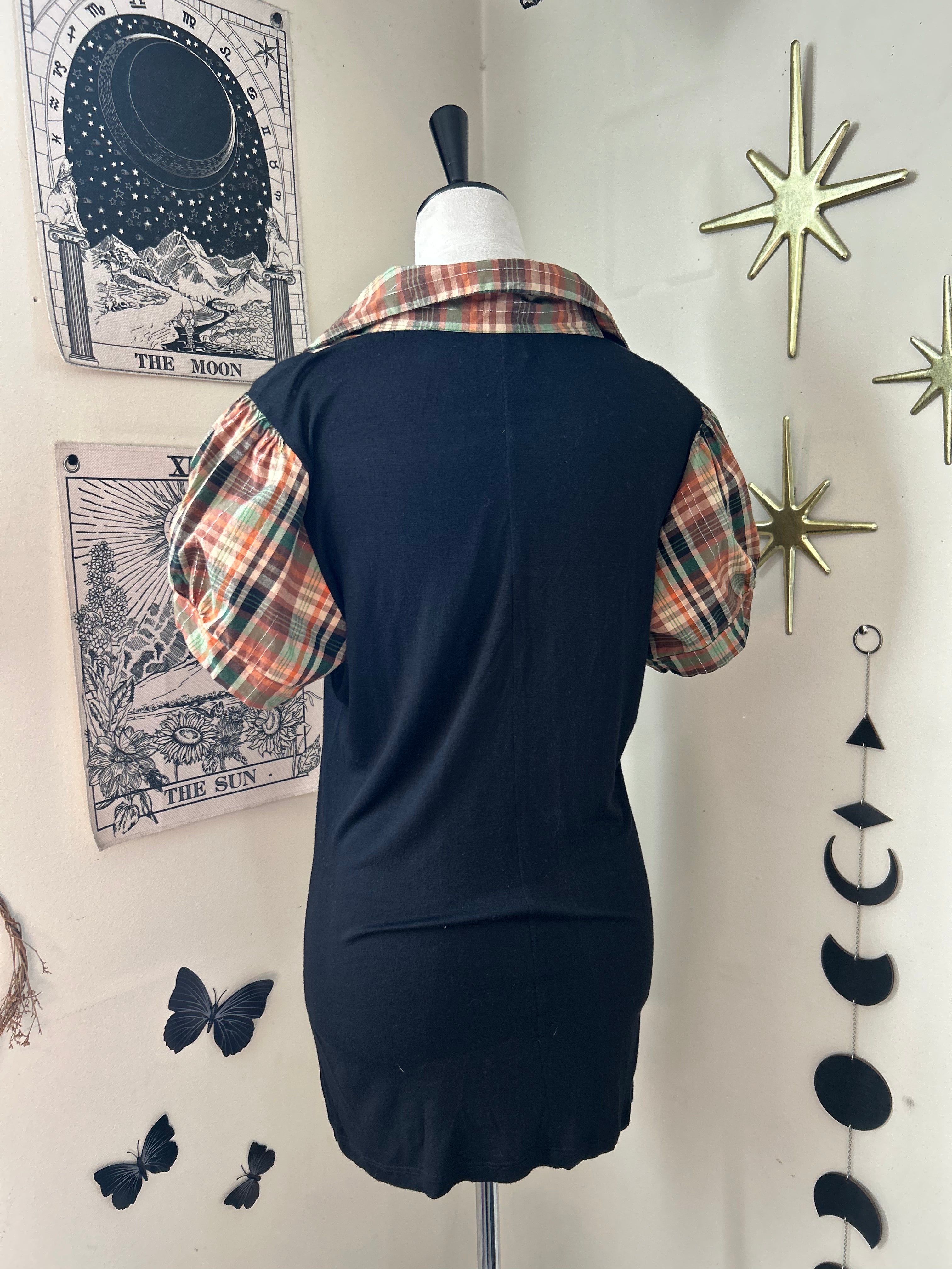 (2XL) Vintage 90's-00's Plaid Faux Double Layer Puff Sleeves Top
