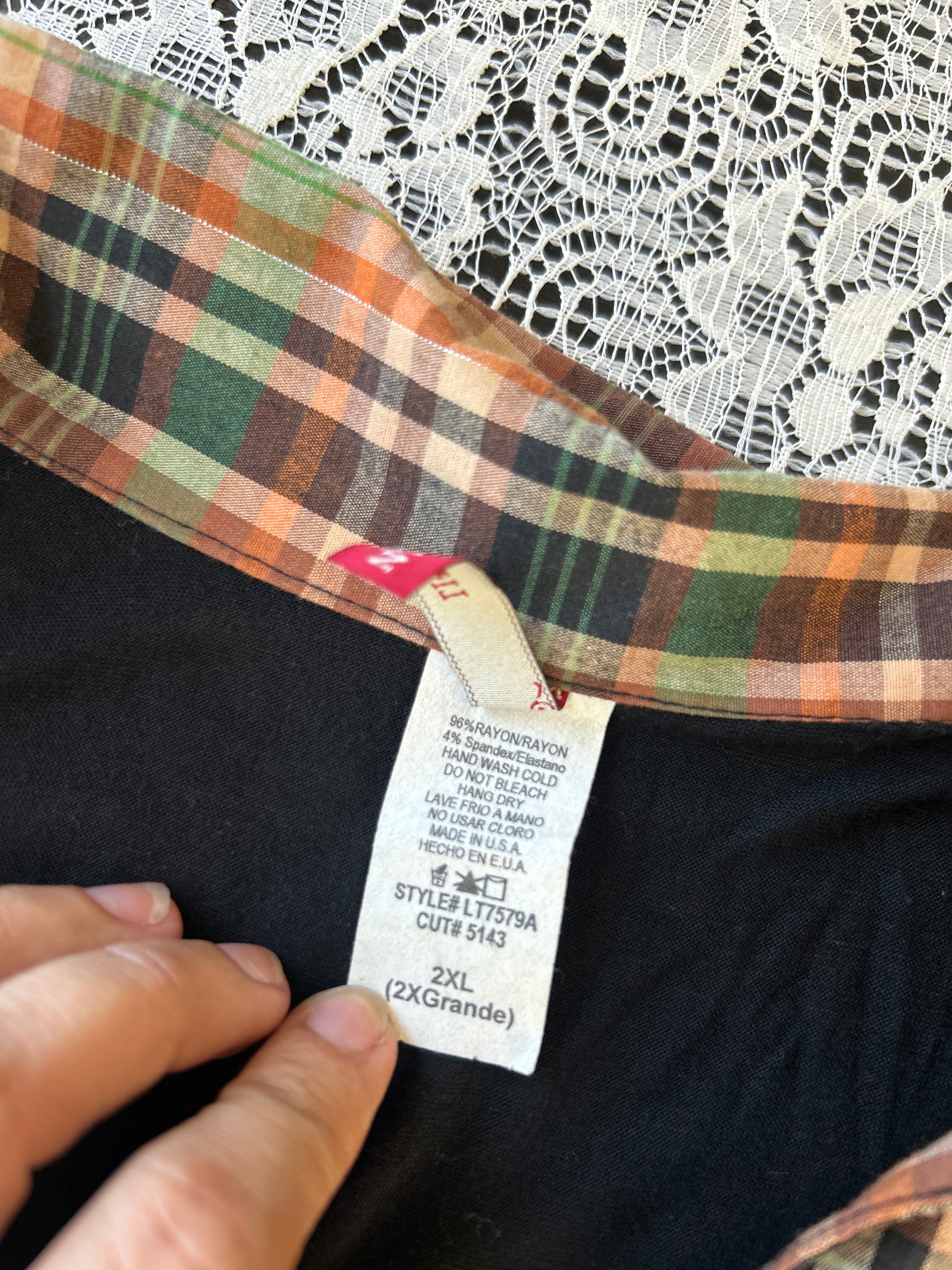 (2XL) Vintage 90's-00's Plaid Faux Double Layer Puff Sleeves Top