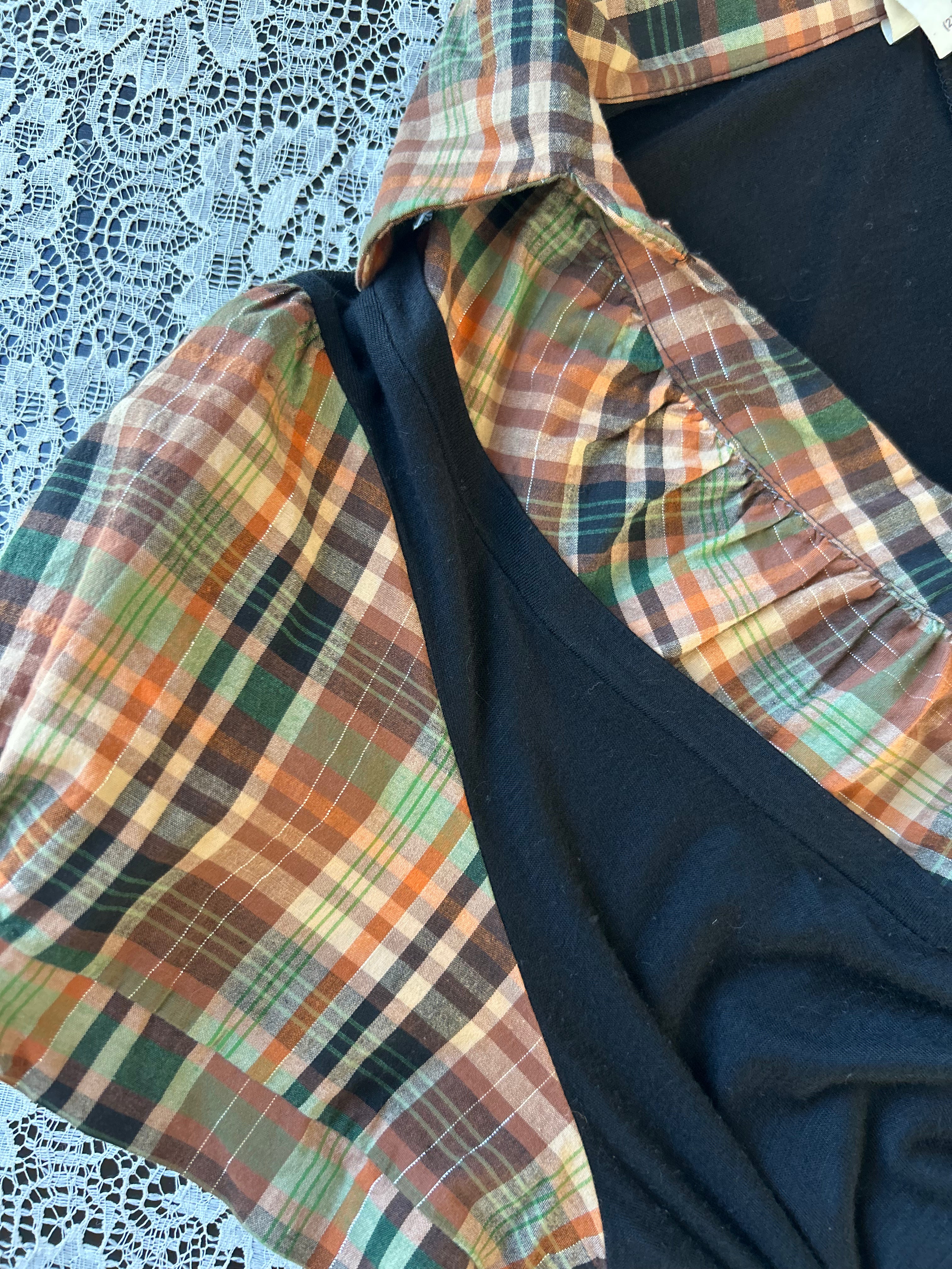 (2XL) Vintage 90's-00's Plaid Faux Double Layer Puff Sleeves Top