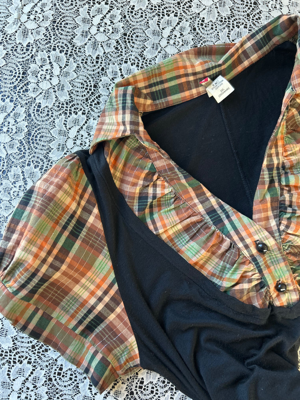 (2XL) Vintage 90's-00's Plaid Faux Double Layer Puff Sleeves Top