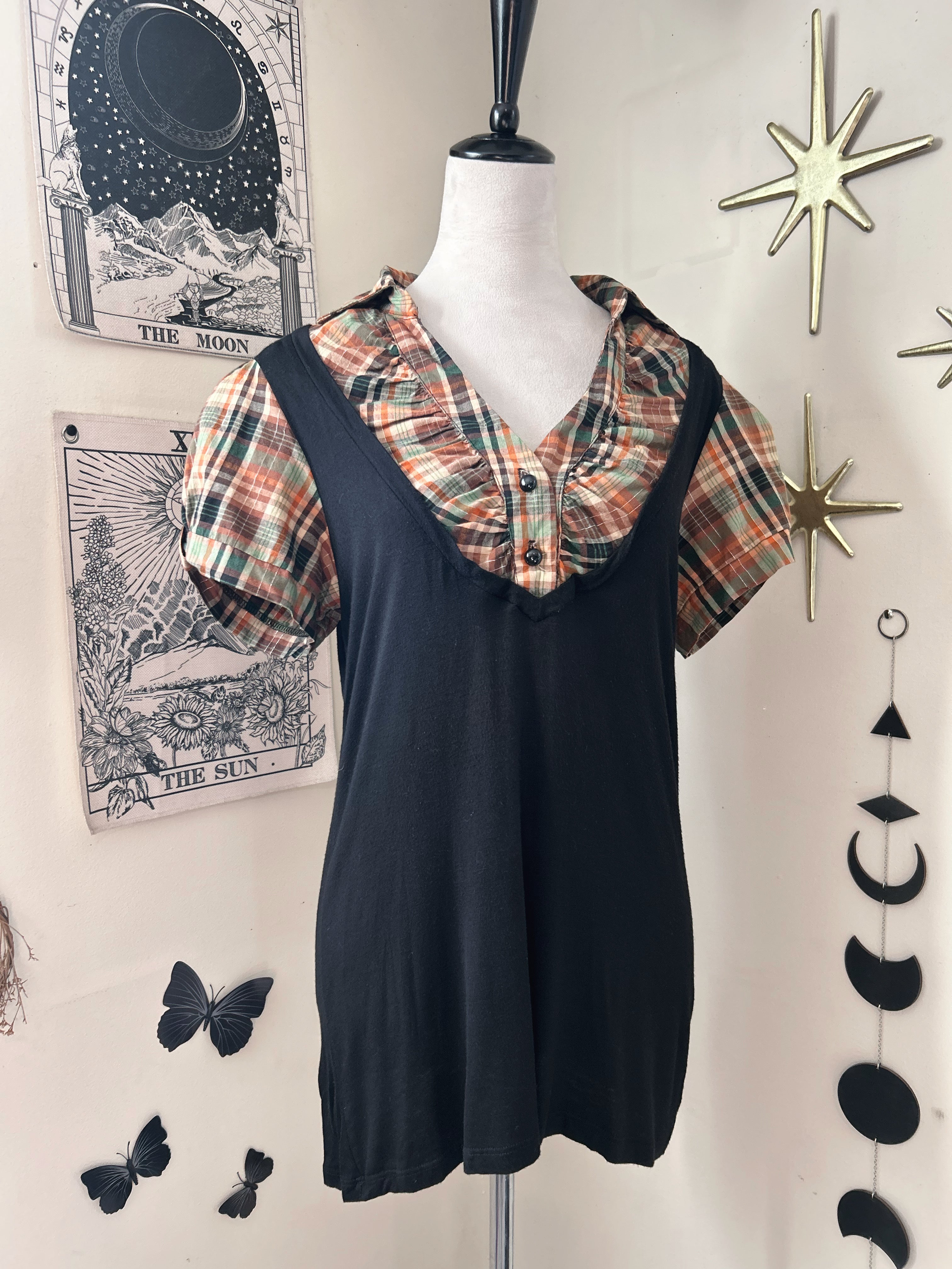 (2XL) Vintage 90's-00's Plaid Faux Double Layer Puff Sleeves Top