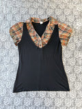 (2XL) Vintage 90's-00's Plaid Faux Double Layer Puff Sleeves Top
