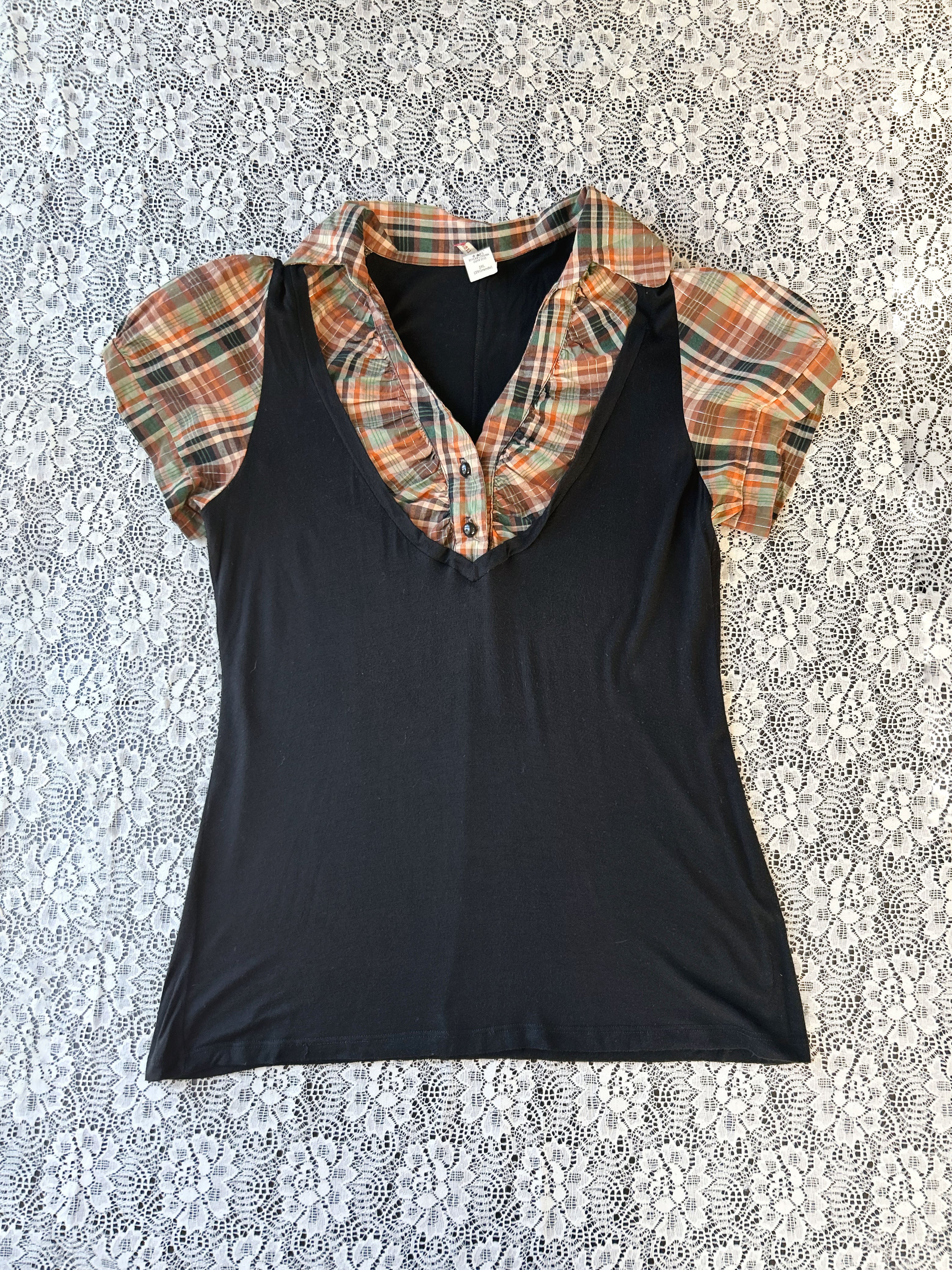 (2XL) Vintage 90's-00's Plaid Faux Double Layer Puff Sleeves Top