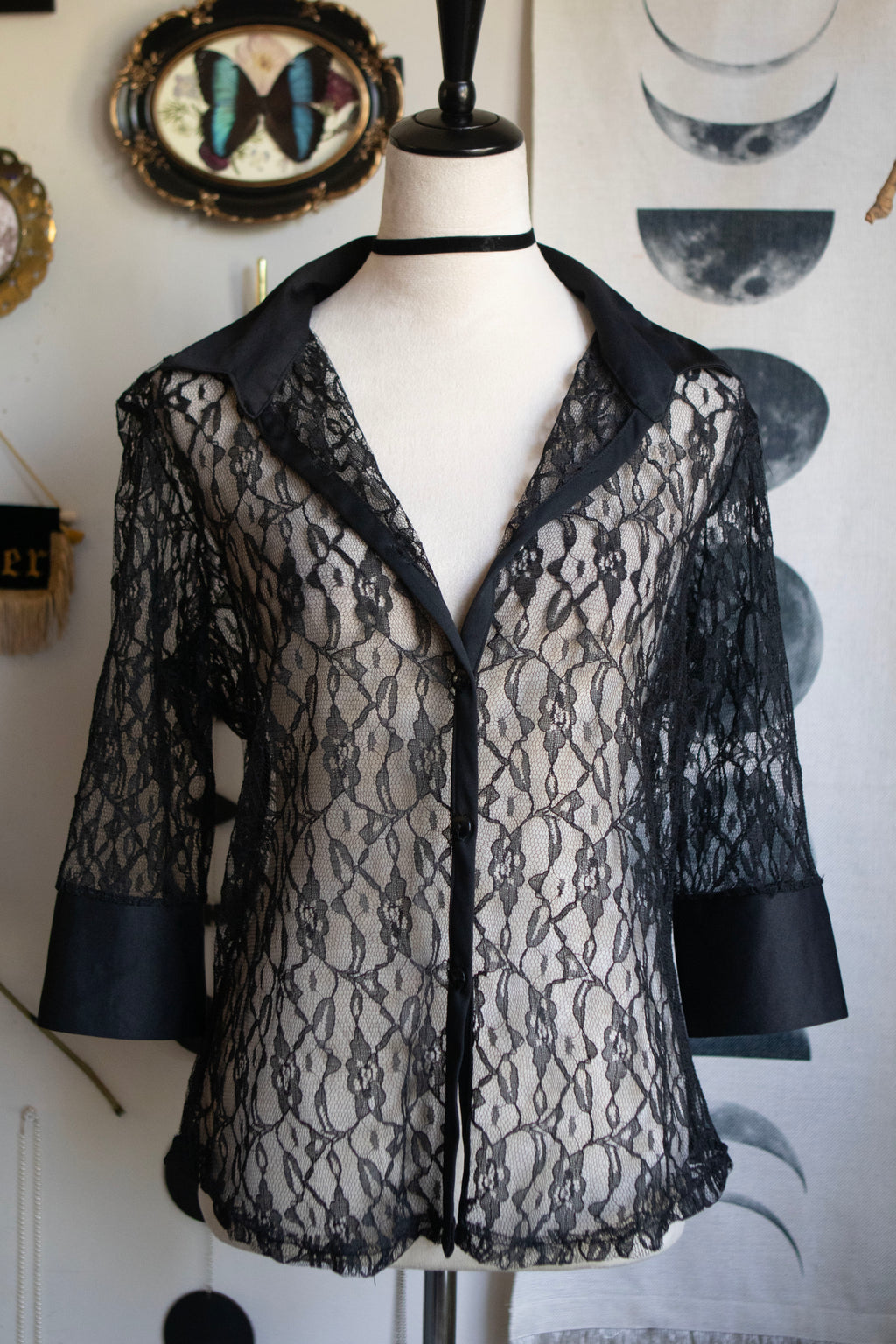 Vintage Lace 3/4 Sleeve Black Blouse