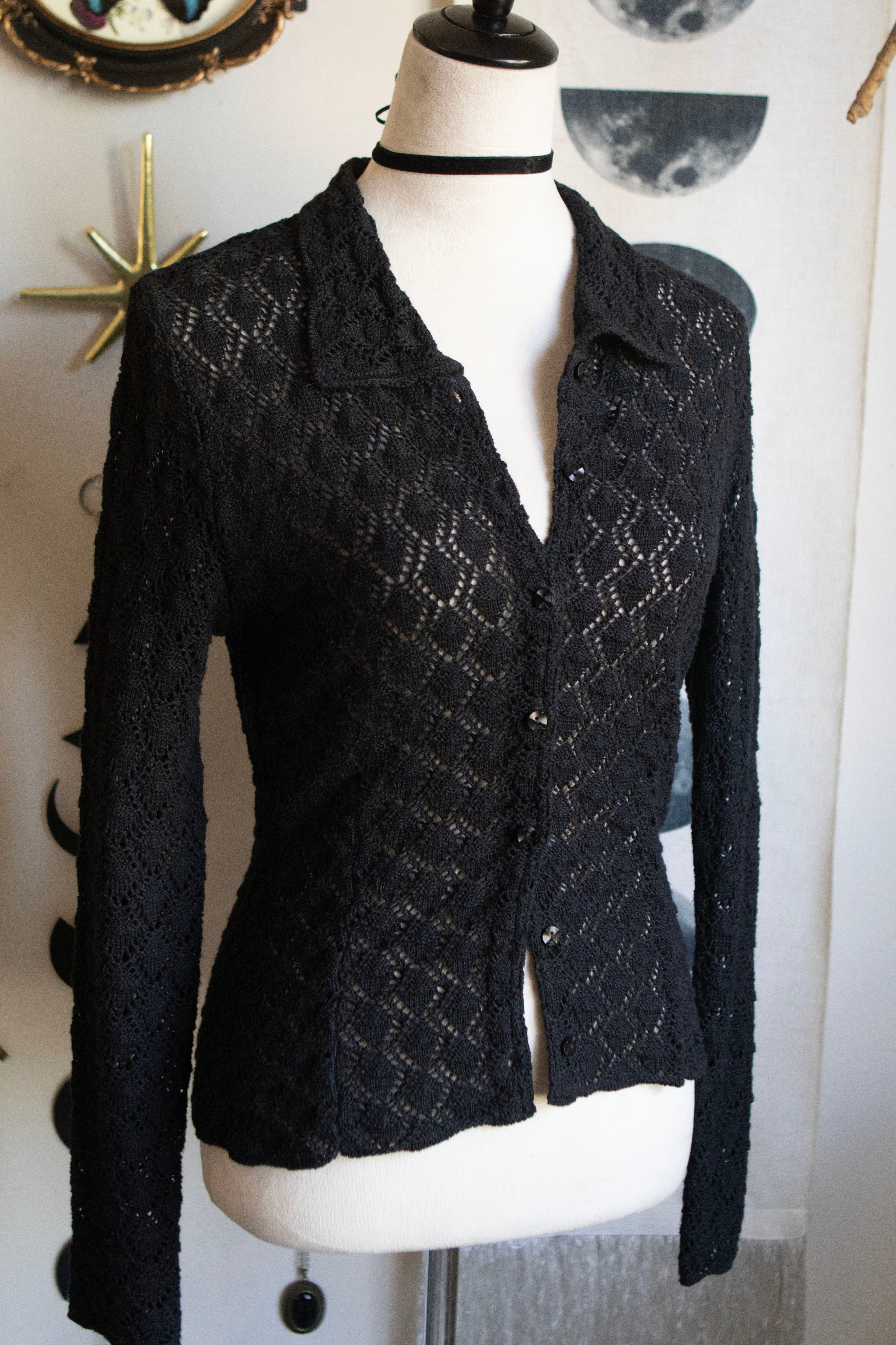 Y2K Crochet Black Button Long Sleeve Blouse